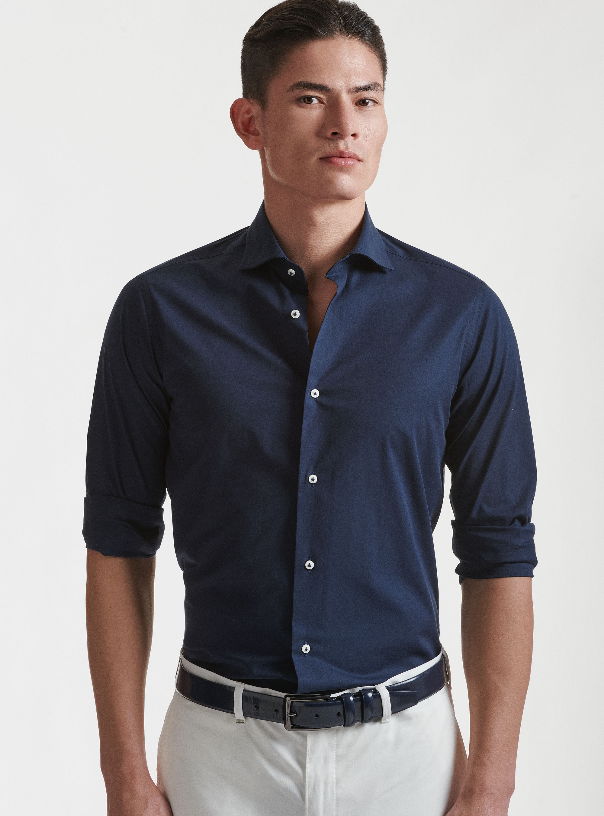 Camicia collo semi francese in popeline stretch, BLU NAVY