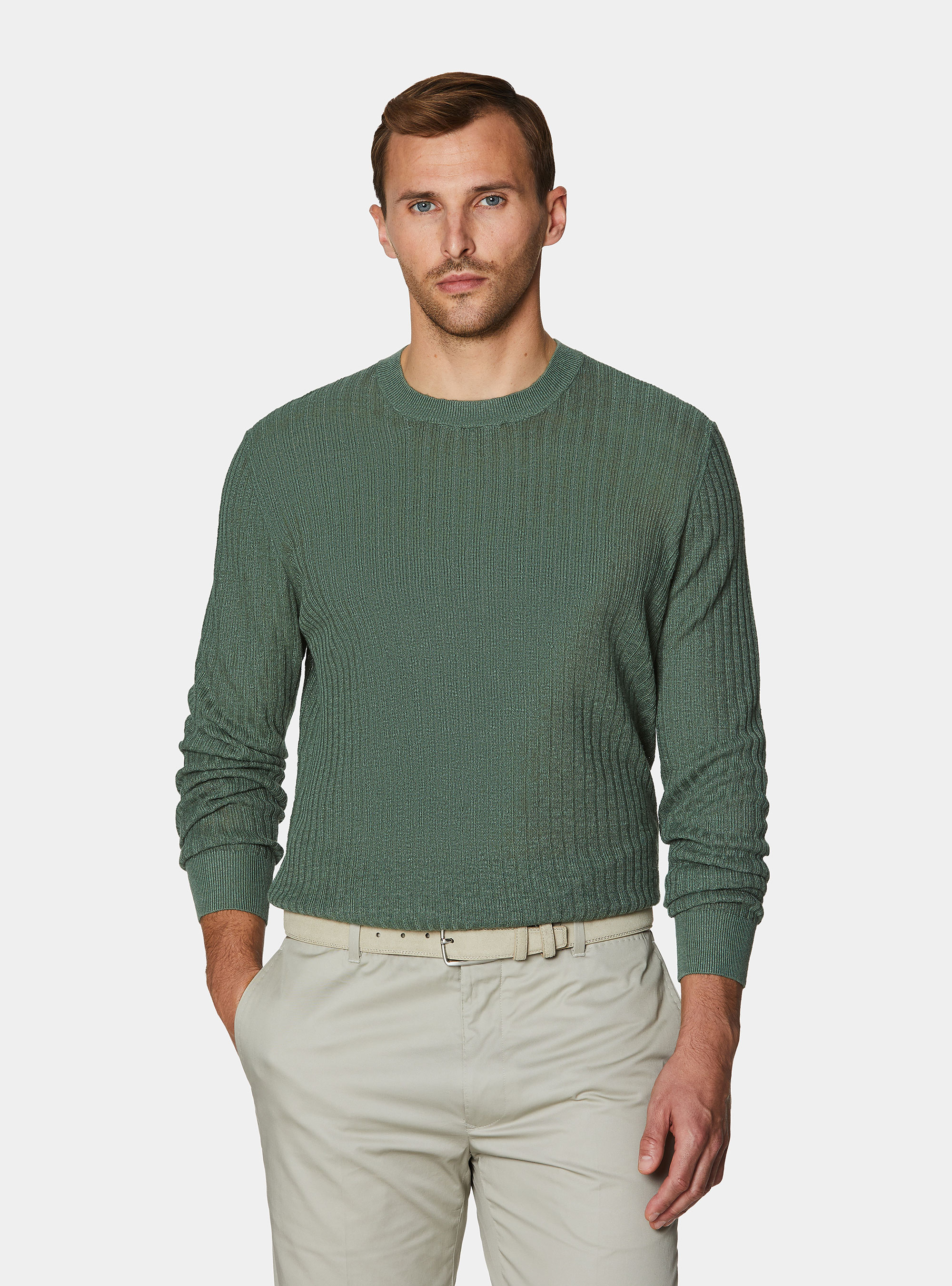 Maglia girocollo a costine in puro lino, SALVIA 0602C