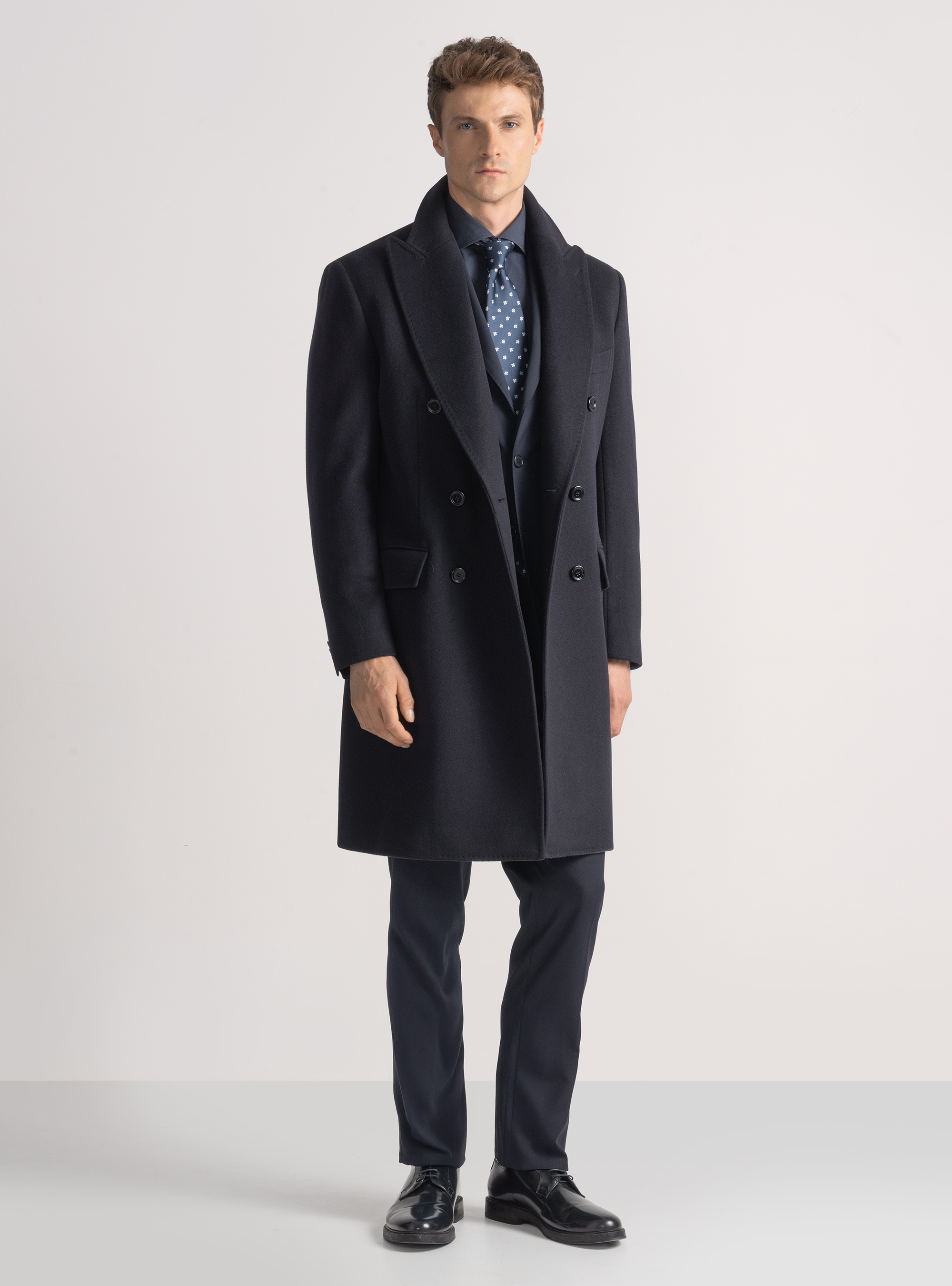 Cappotto doppiopetto in lana e cashmere, BLU NAVY
