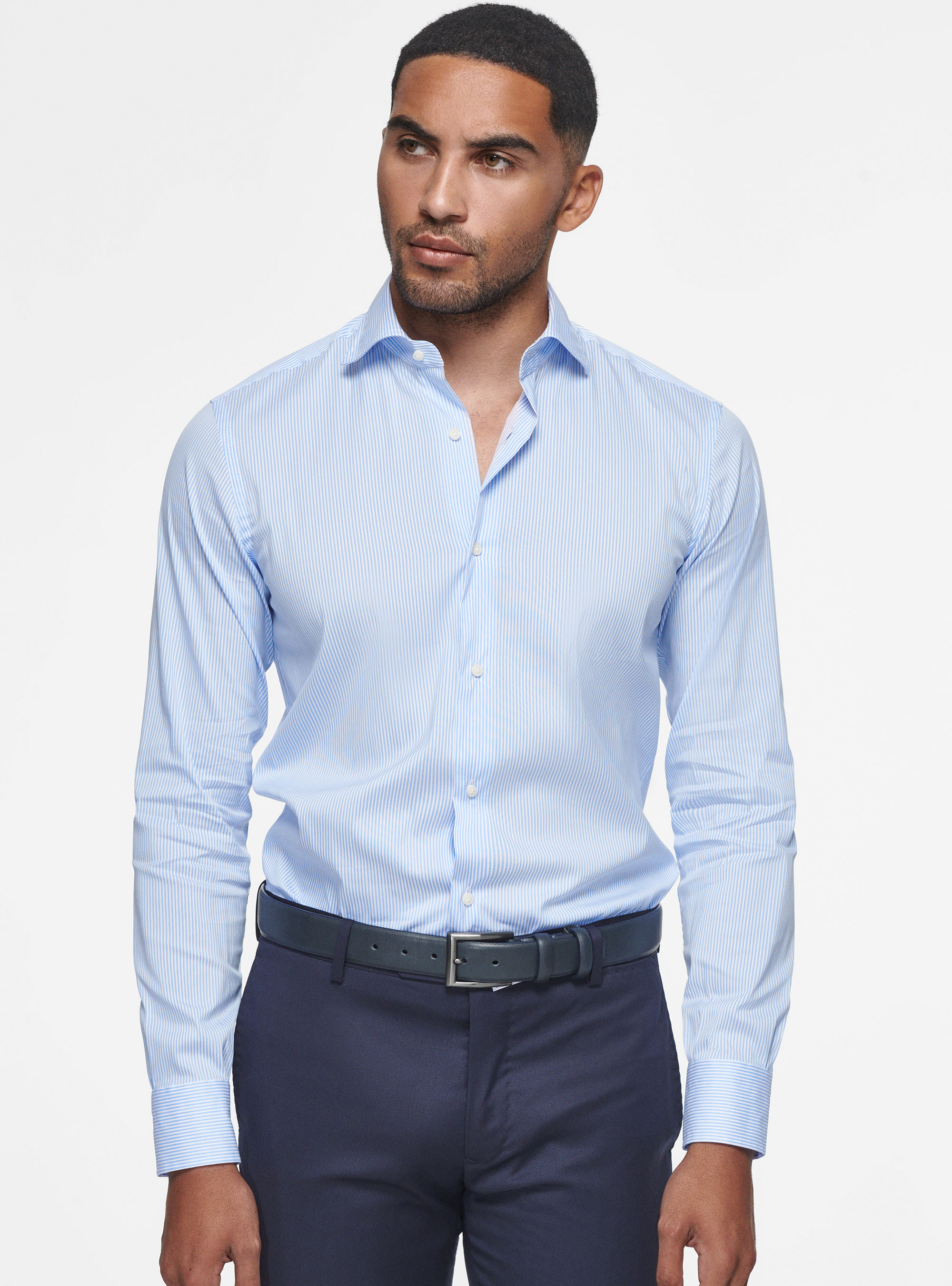 Camicia a righe popeline stretch, AZZURRO