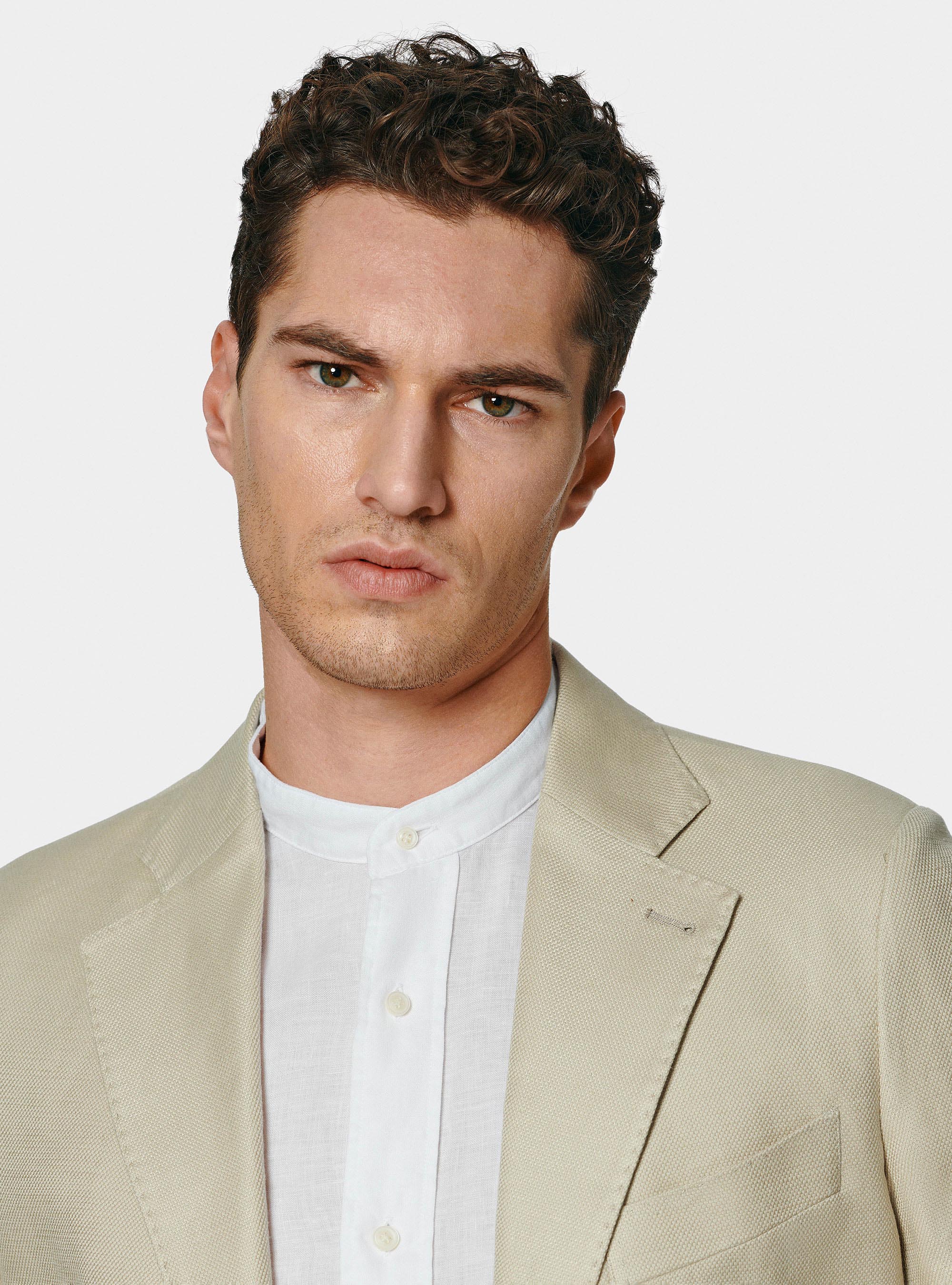 Giacca hopsack in cotone e lino, SABBIA