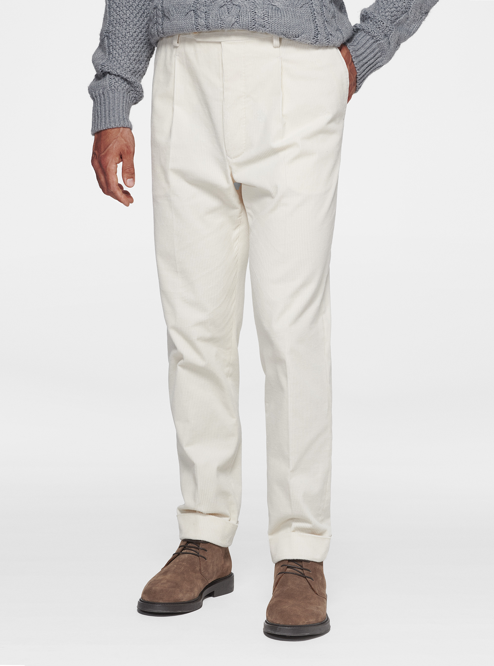 Pantaloni con pince in velluto Duca Visconti di Modrone, PANNA