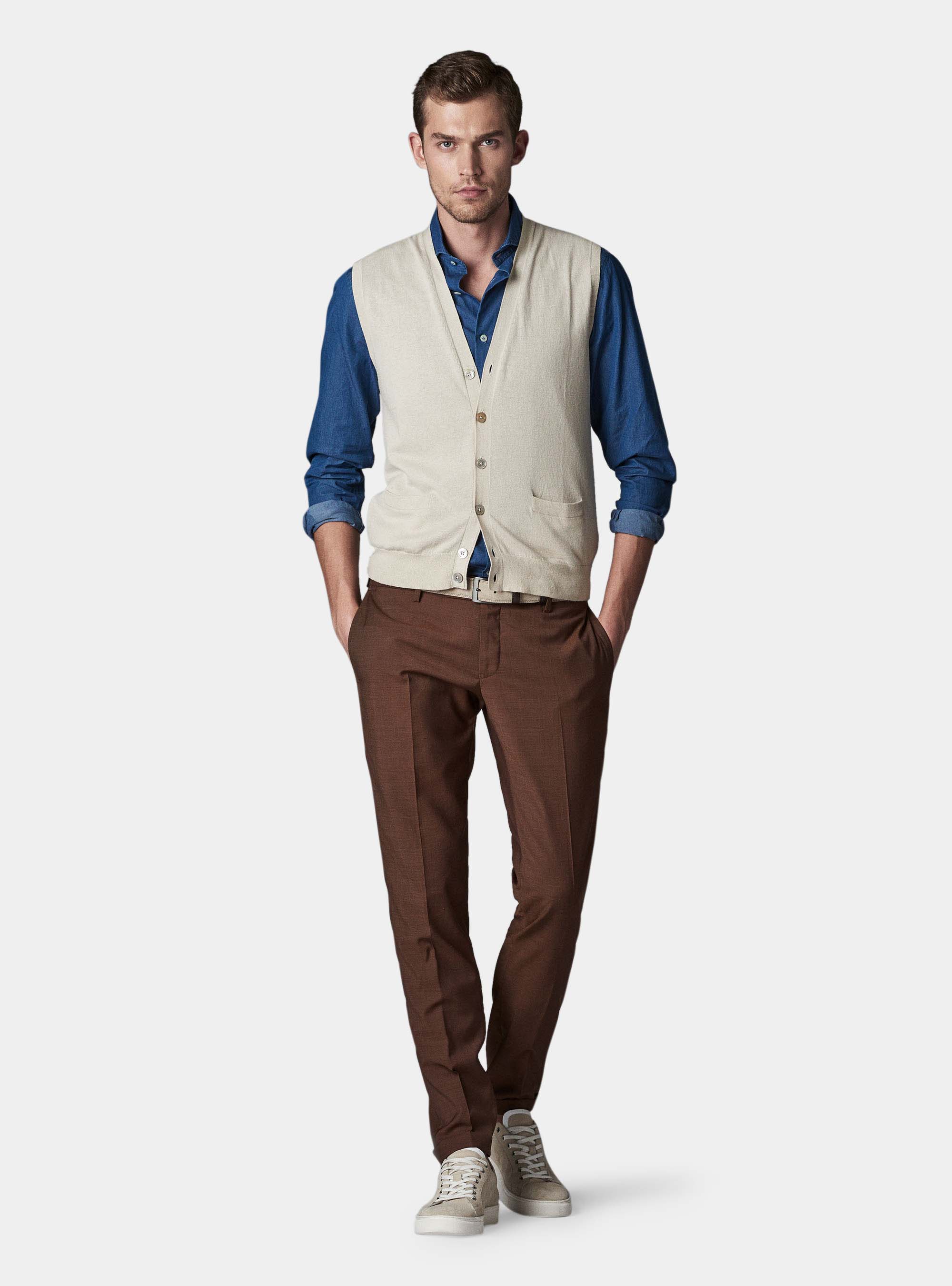 Gilet in maglia in cotone e lino, ECRU