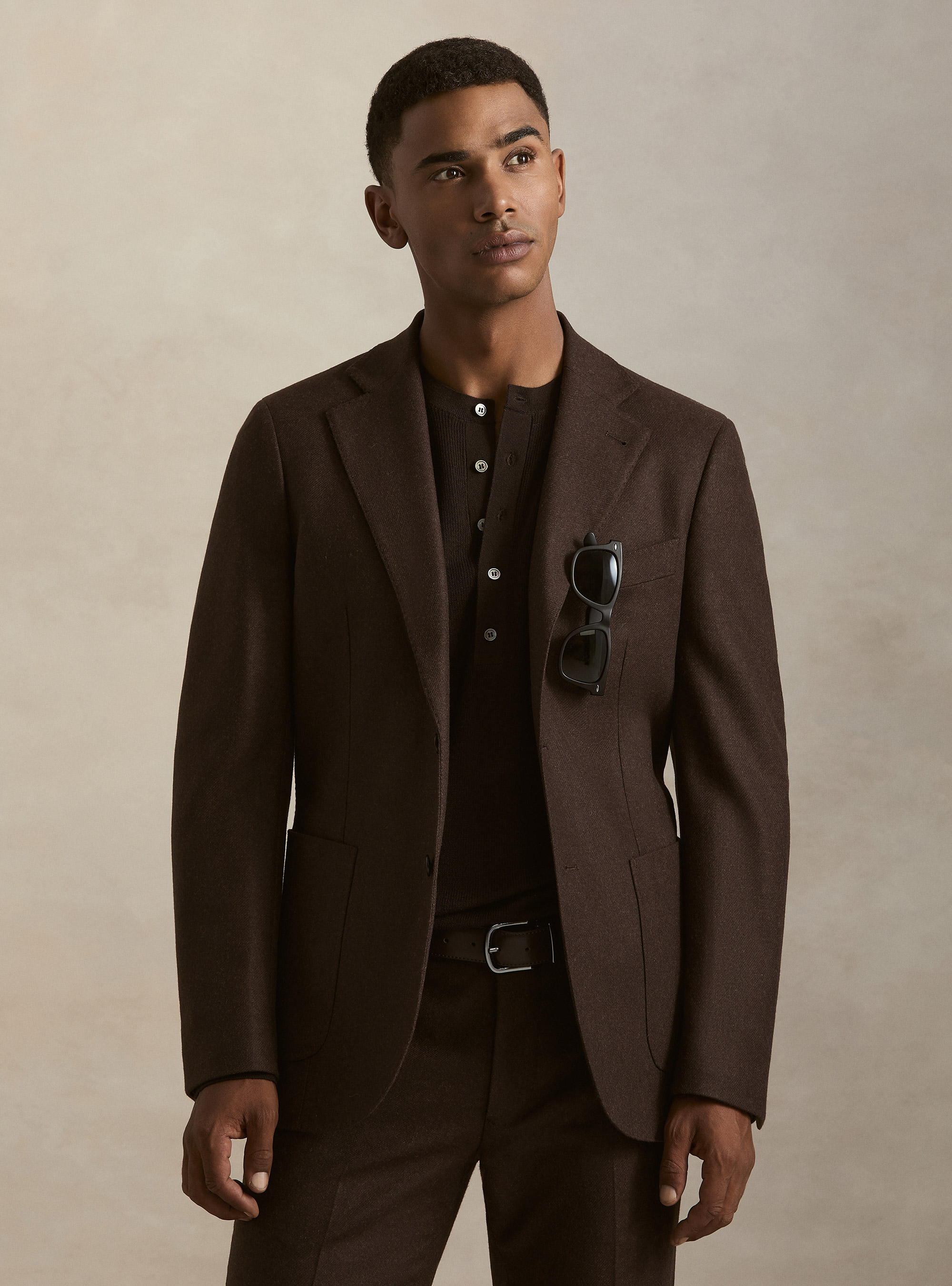 Wool blend flannel blazer, BROWN