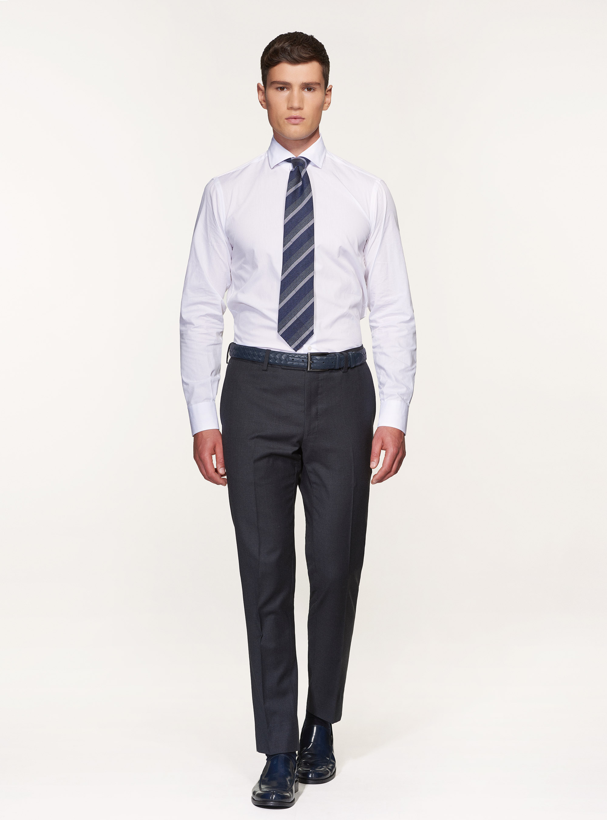 Chemise en coton fil &agrave; fil avec col semi-fran&ccedil;ais, BLANC