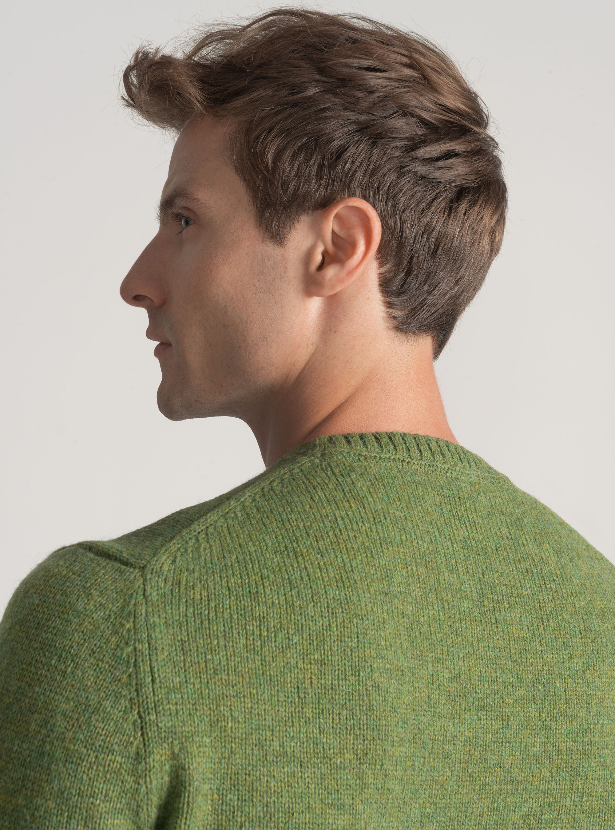 Shetland wool crew-neck sweater, OLIVE