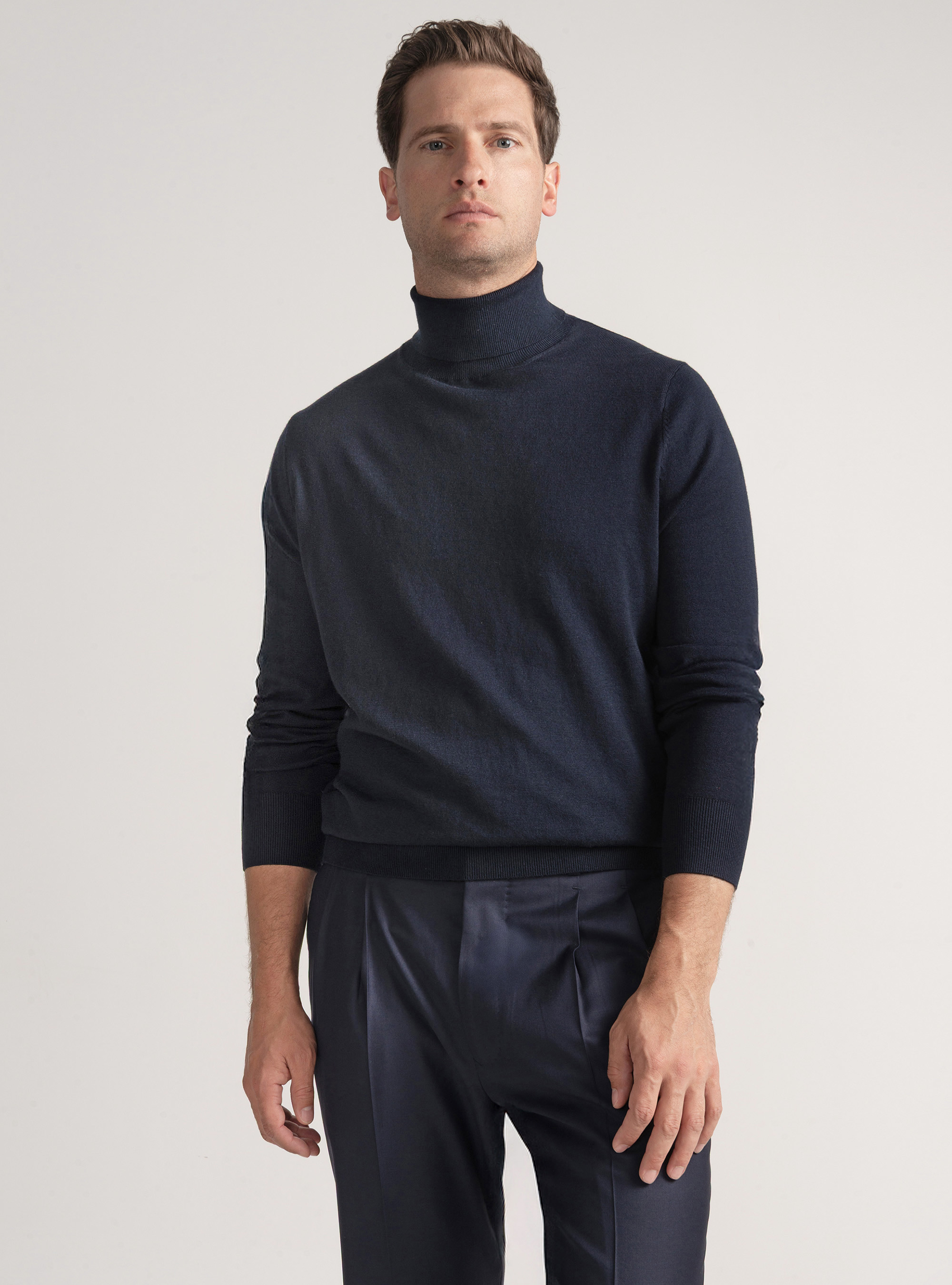 Silk and cashmere cotton turtleneck, NAVY BLUE