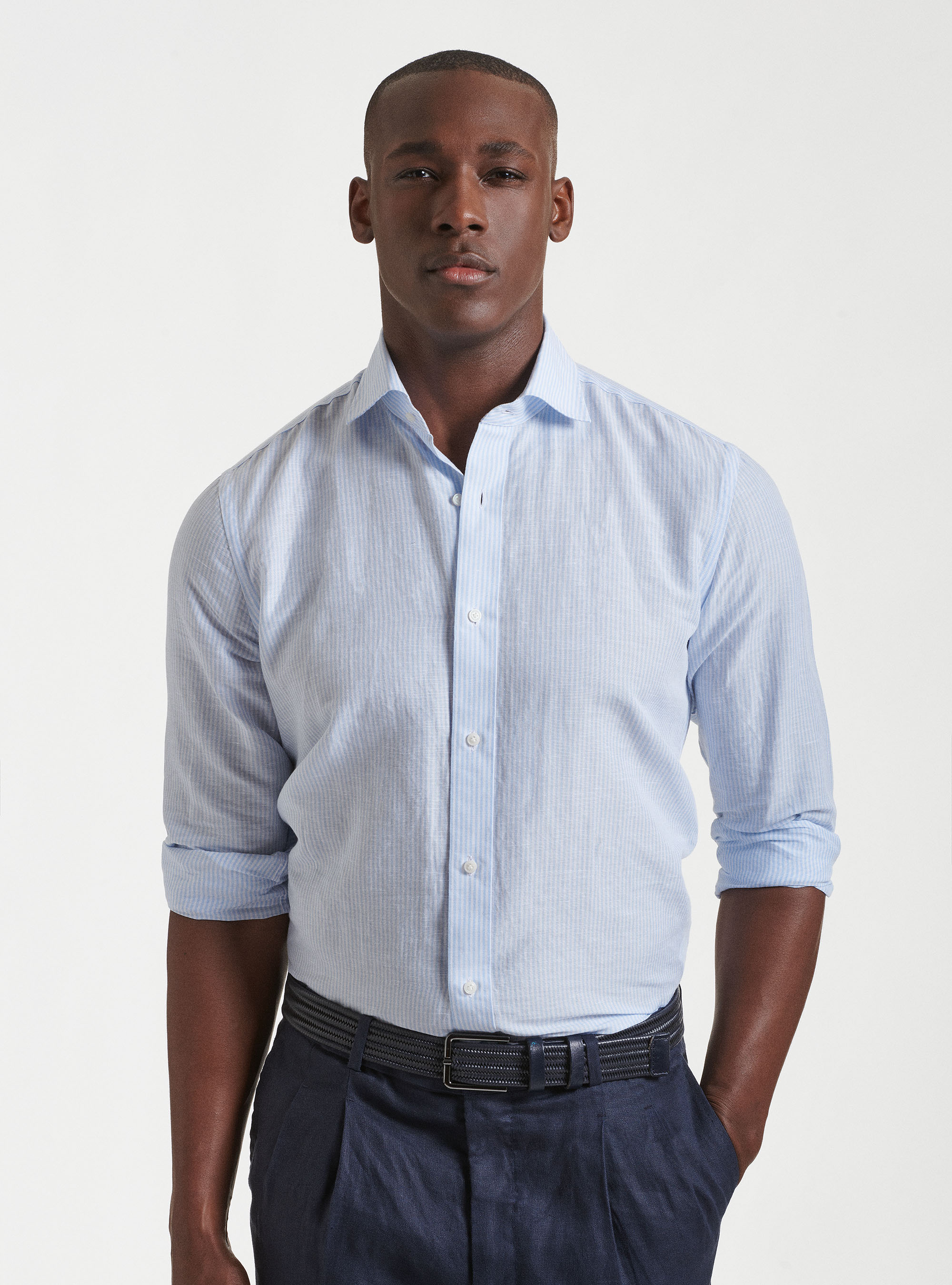 Semi-French collar shirt in linen and striped cotton, LIGHT BLUE