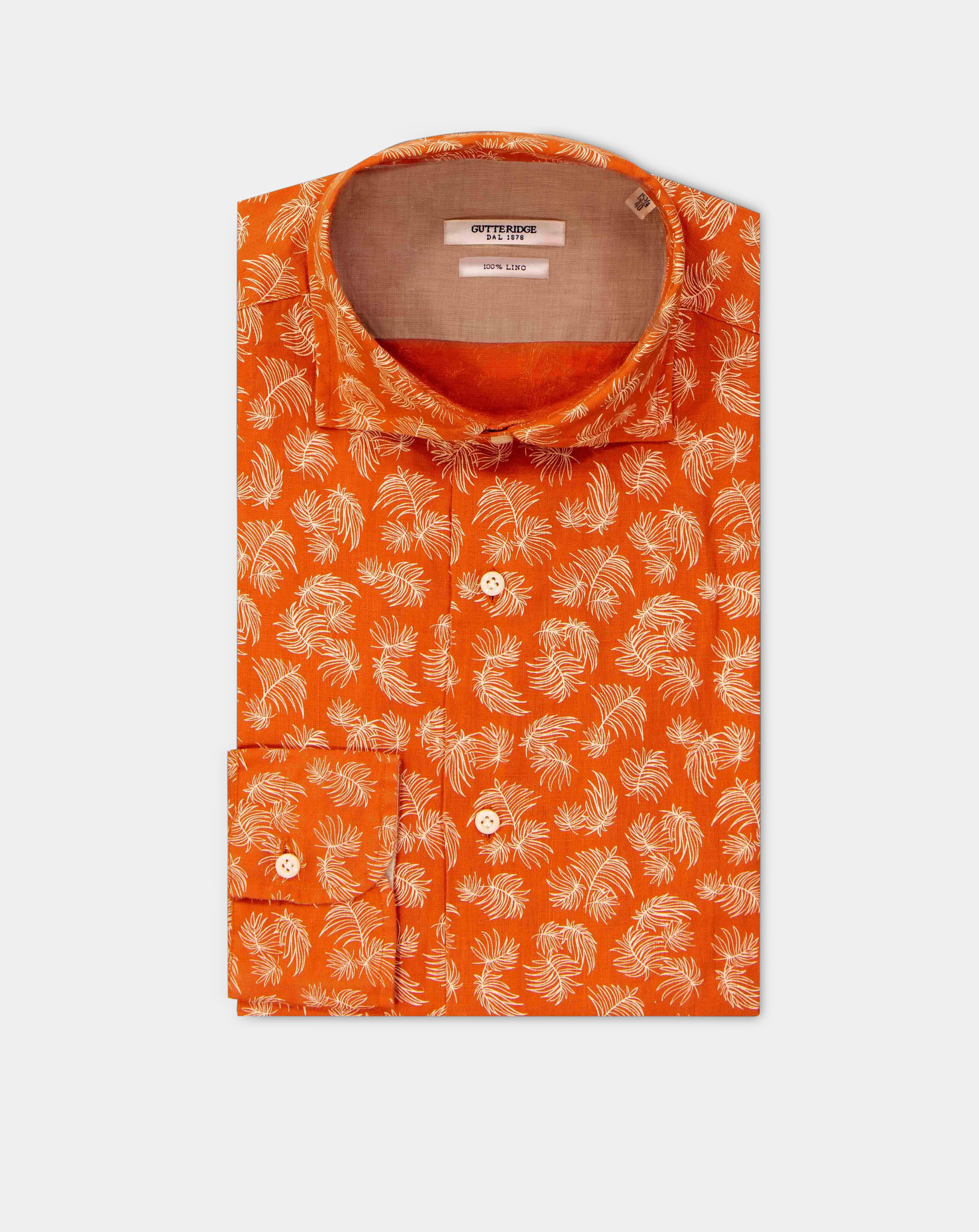 Printed linen french collar shirt, ORANGE FLAME