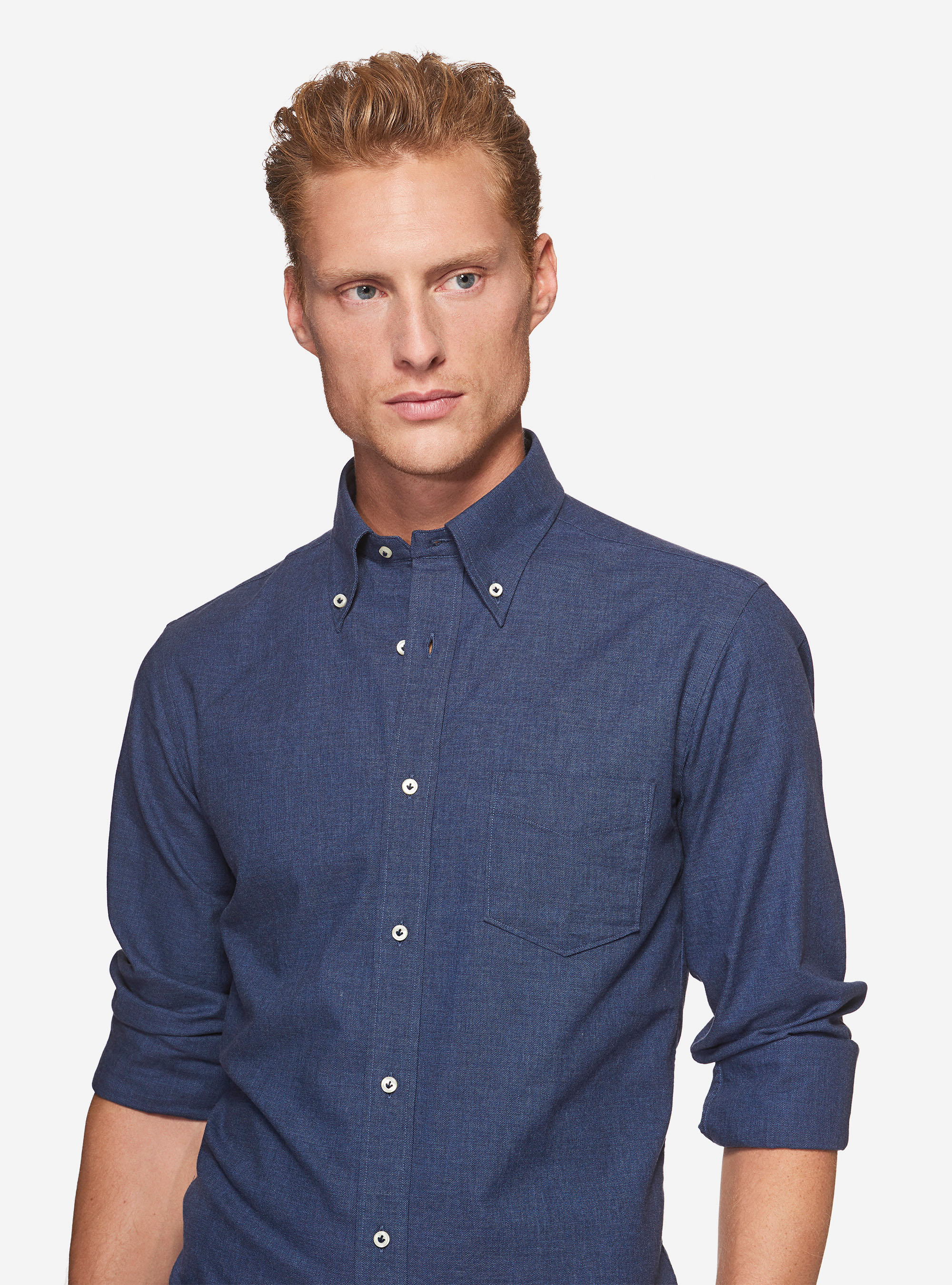 SHIRT WITH BUTTON DOWN COLLAR AND FLANNEL COTTON SMALL POCKET, NAVY BLUE