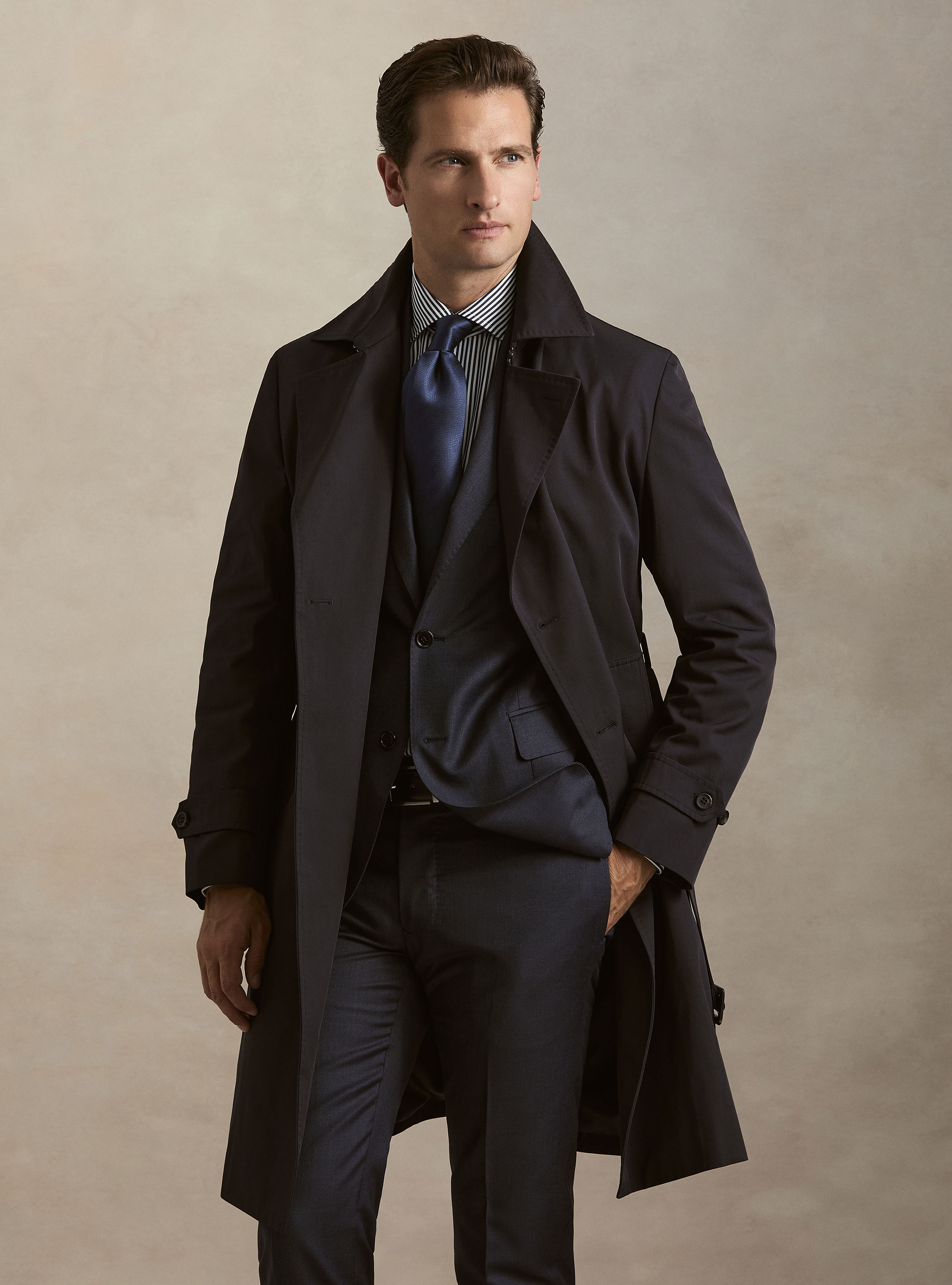 Double-breasted cotton blend trench coat, NAVY BLUE
