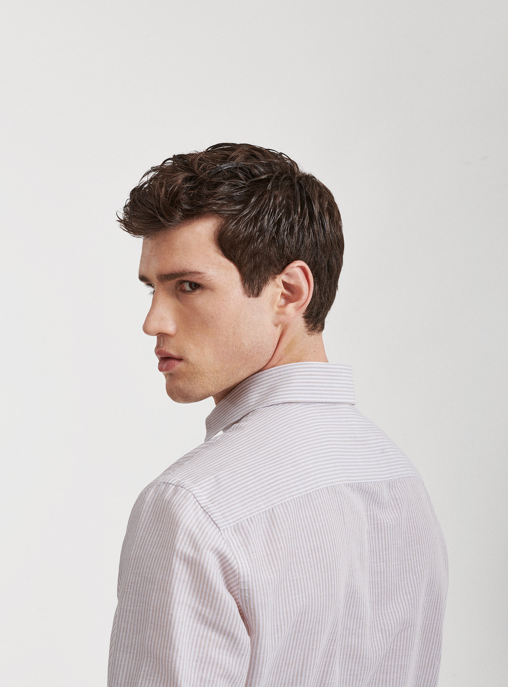 Semi-French collar shirt in linen and striped cotton, SAND