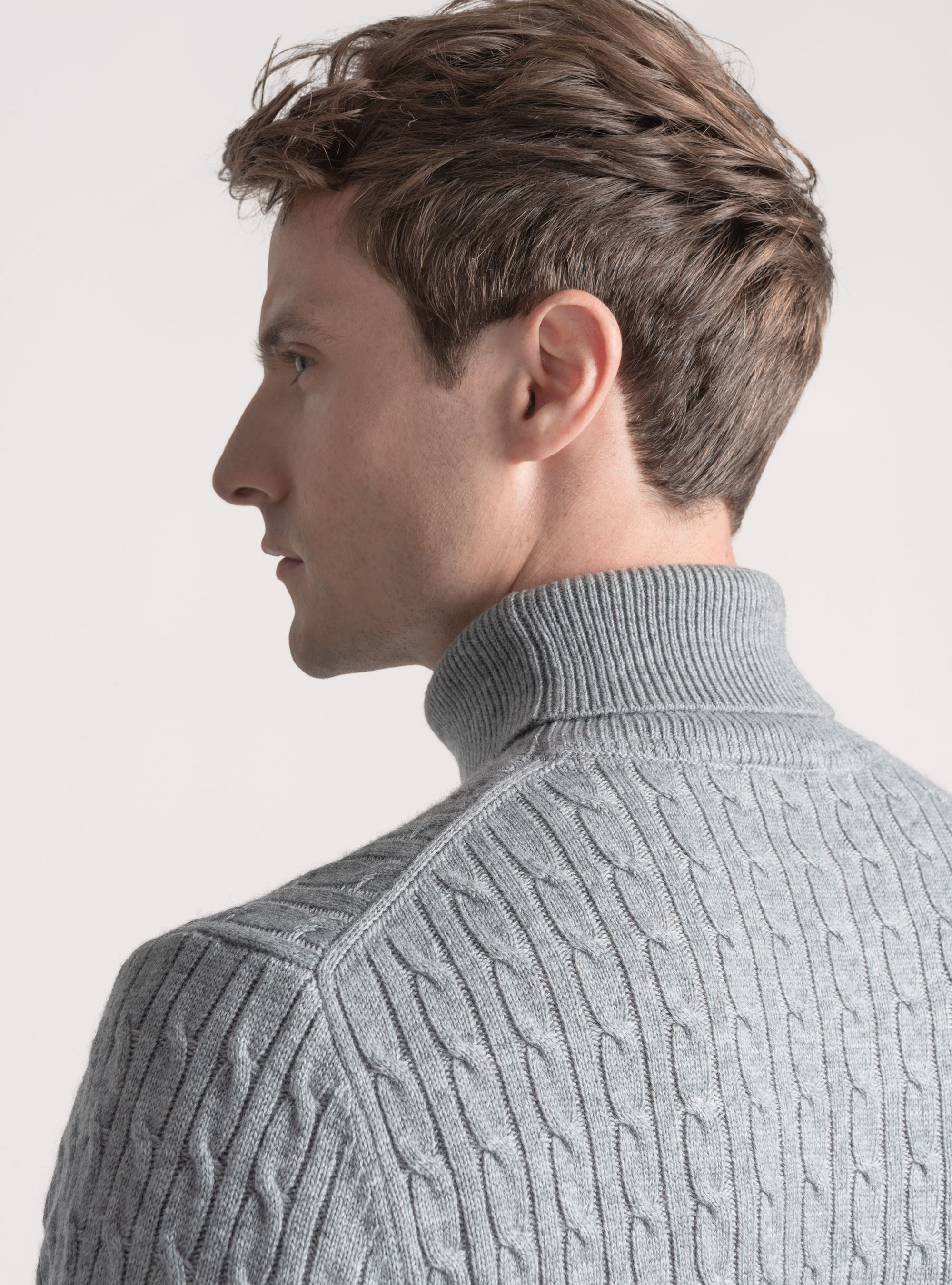 Punto de cuello alto en mezcla de lana con trenza, GRIGIO MELANGE 0151C