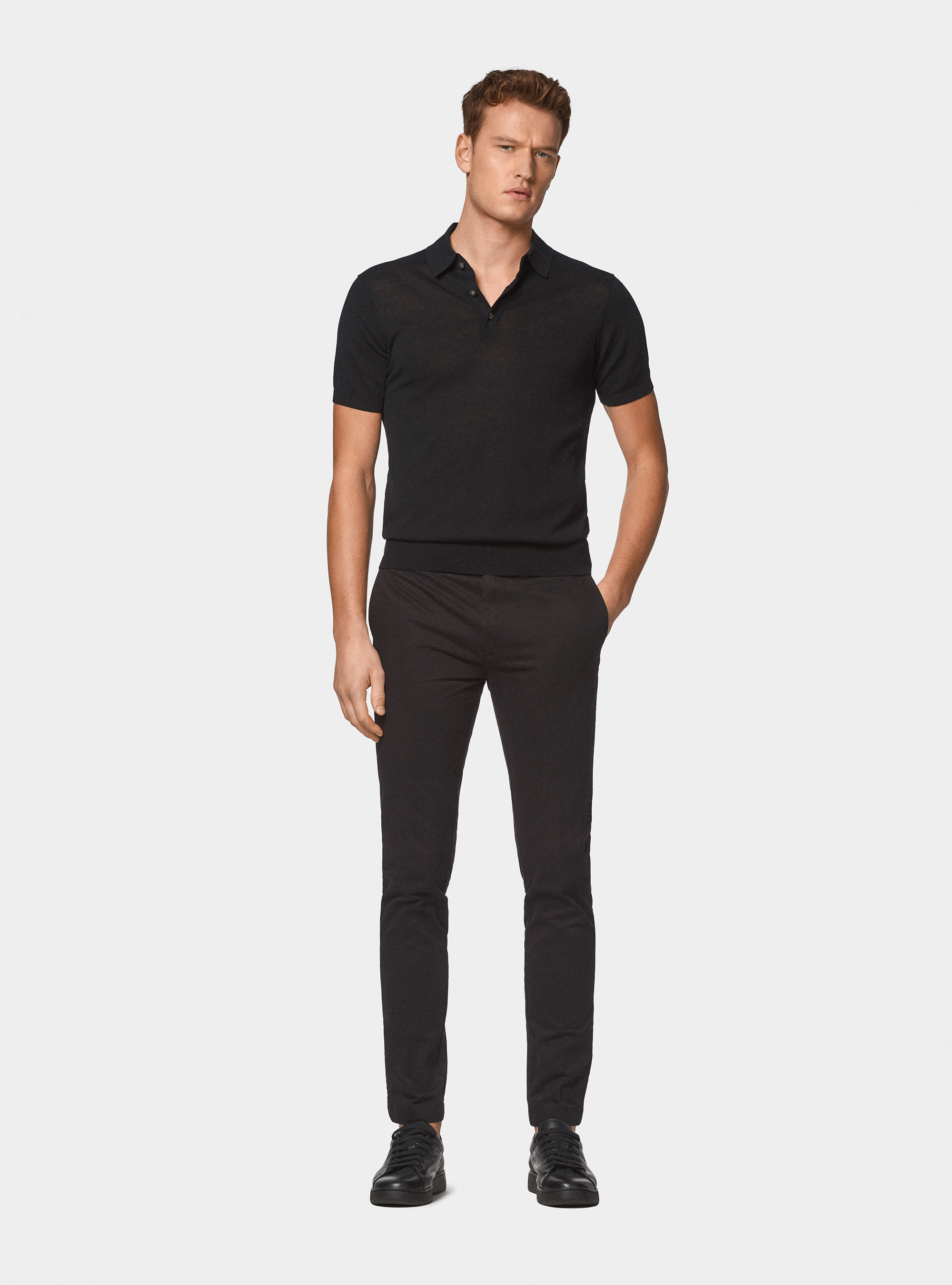 Maglia a polo in cotone e seta, NERO