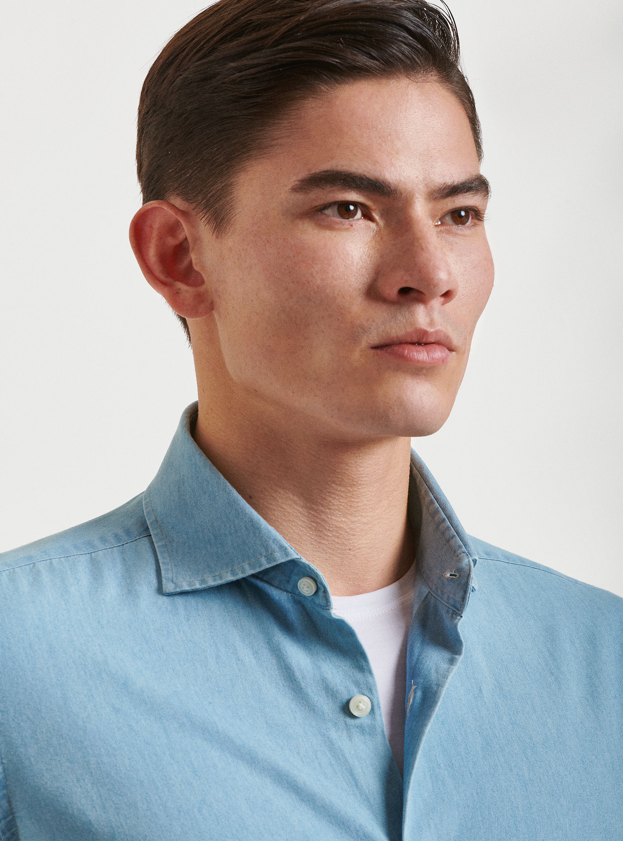 Camicia denim in cotone chambray, AZZURRO