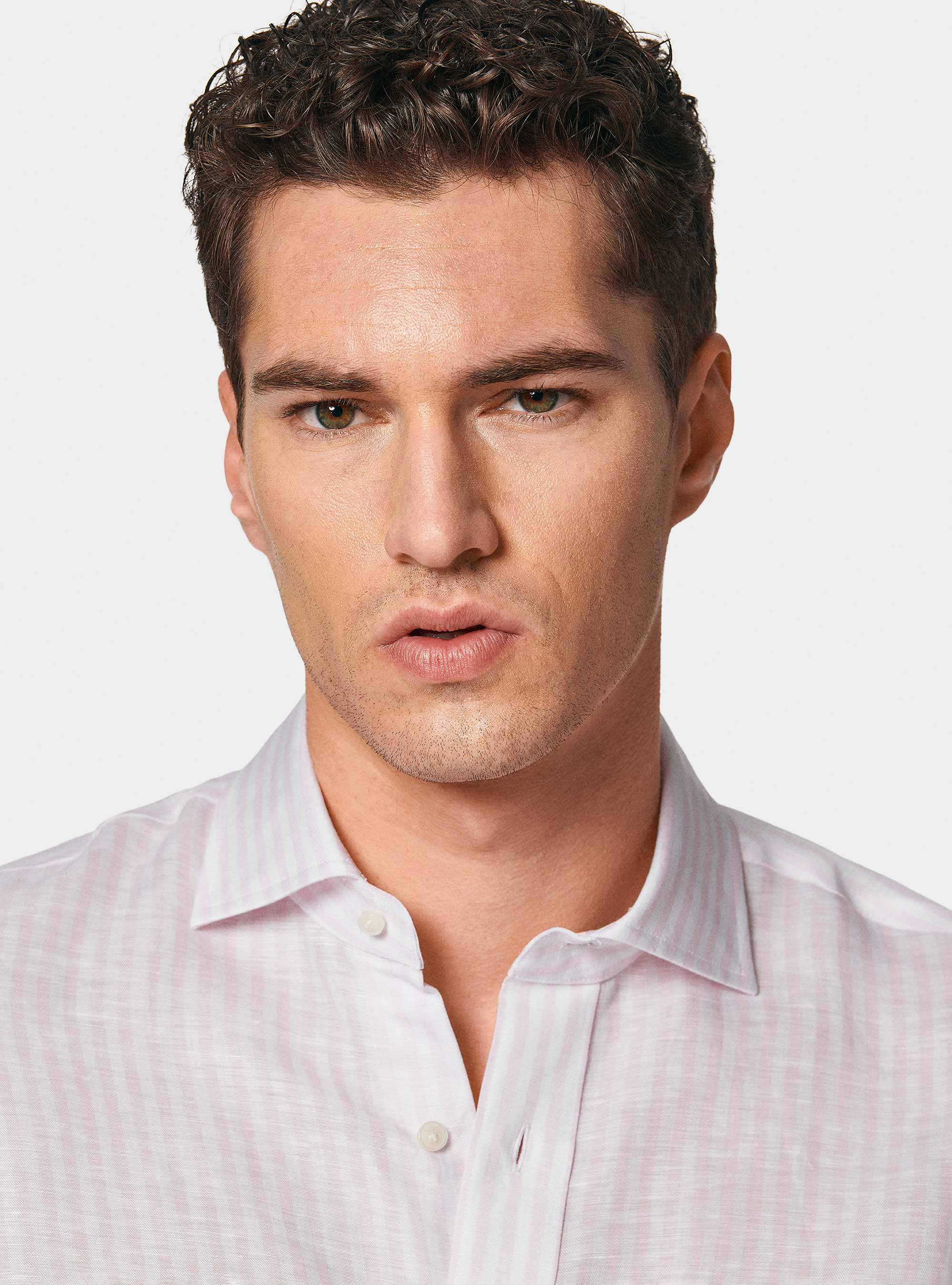 Camicia rigata in misto lino, ROSA