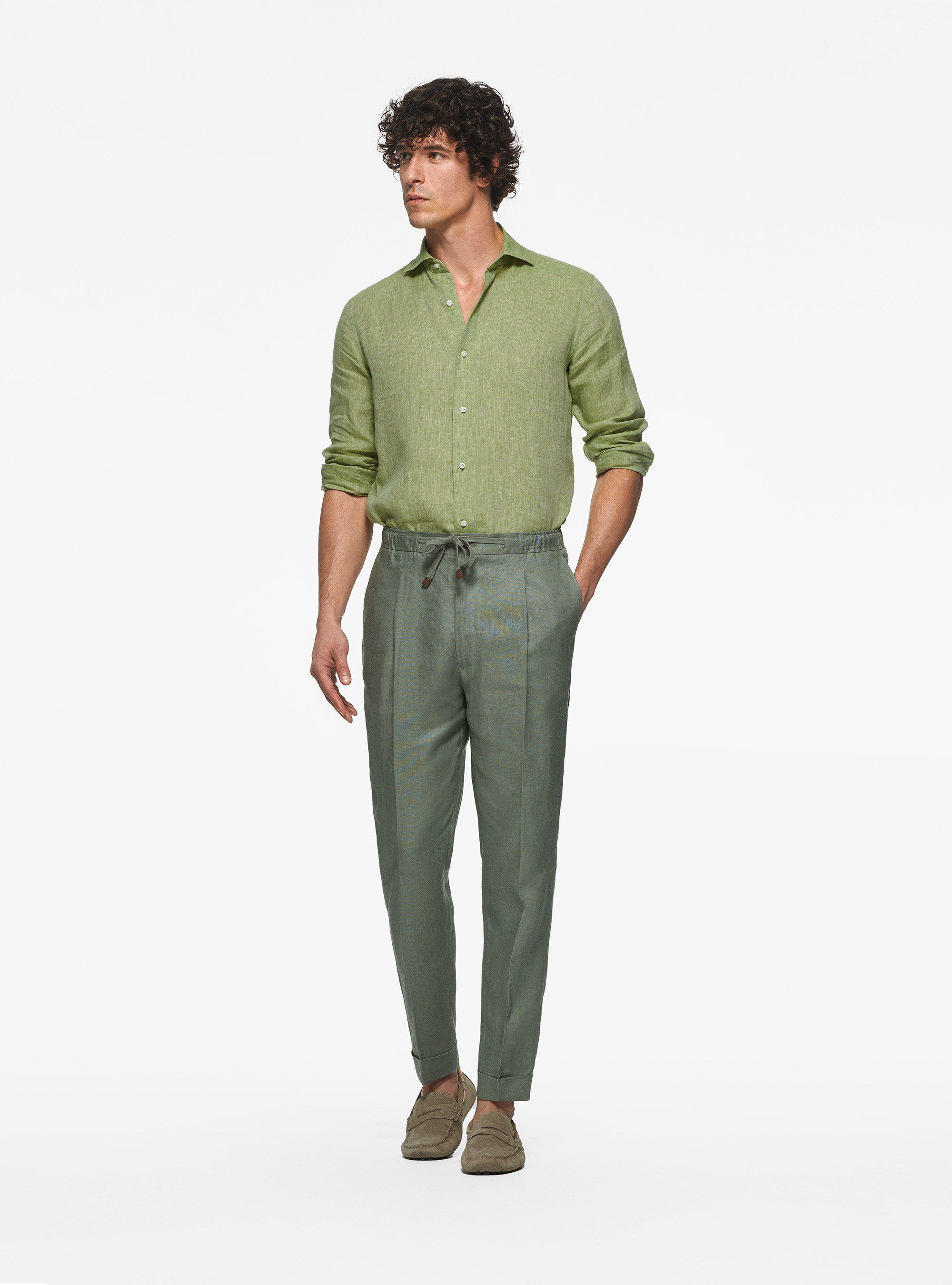 Pantaloni in puro lino con coulisse, SALVIA 0602C