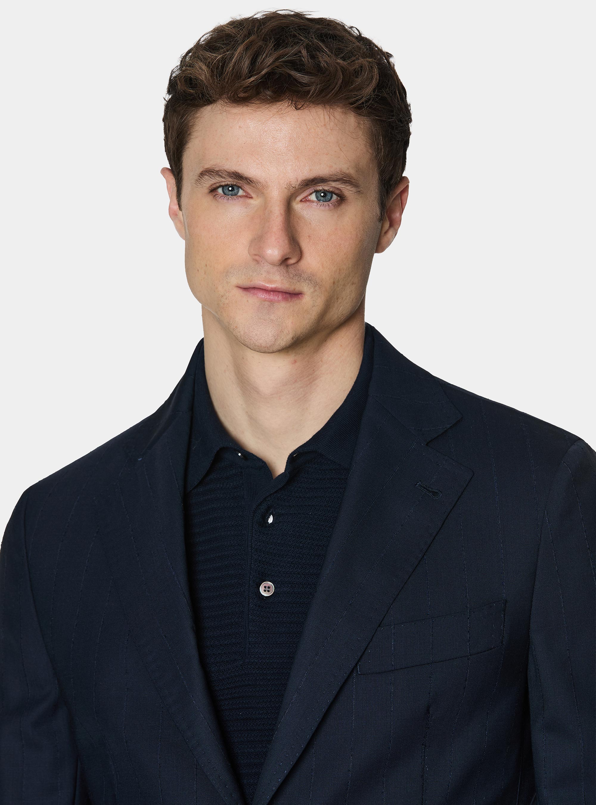 Pinstriped suit blazer in 100% wool, NAVY BLUE