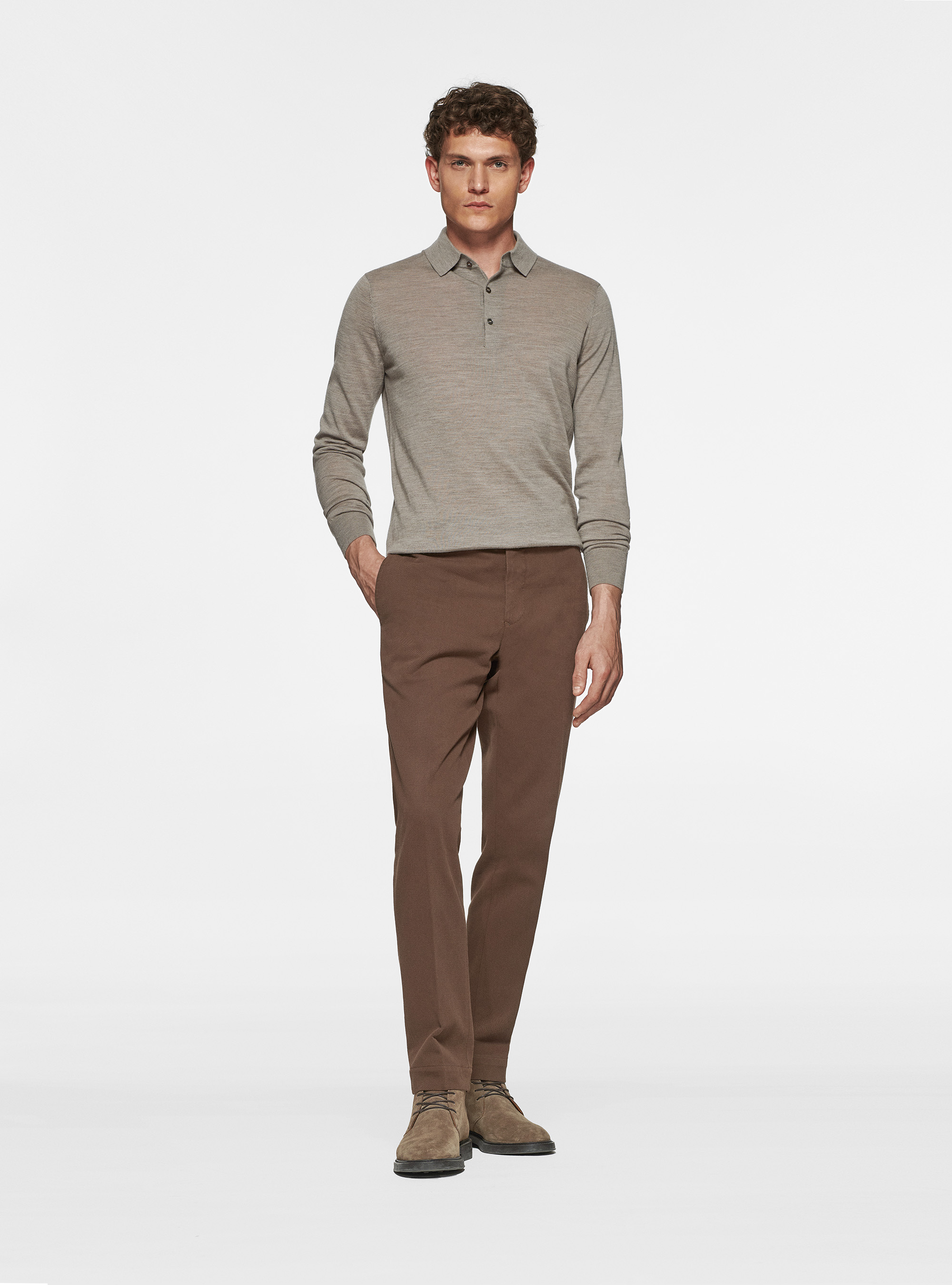 Maglia a polo in pura lana merino extrafine, FANGO