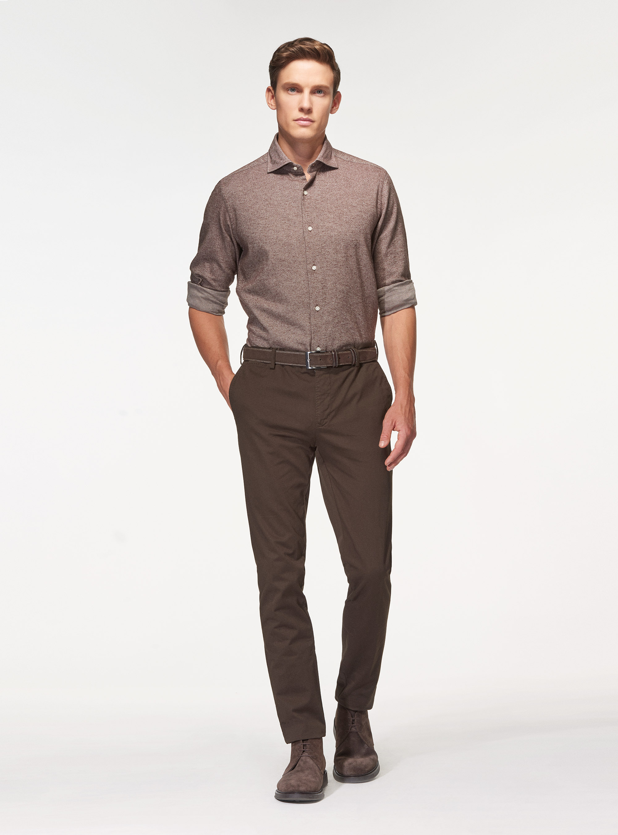 Camicia collo semi francese in flanella di cotone, MARRONE