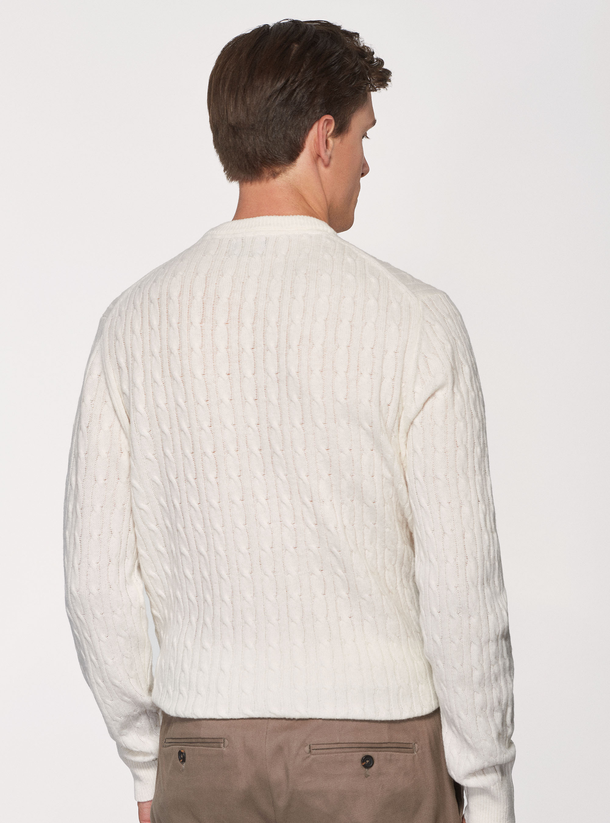 Maglia treccia girocollo in lana lambswool e cashmere, BIANCO