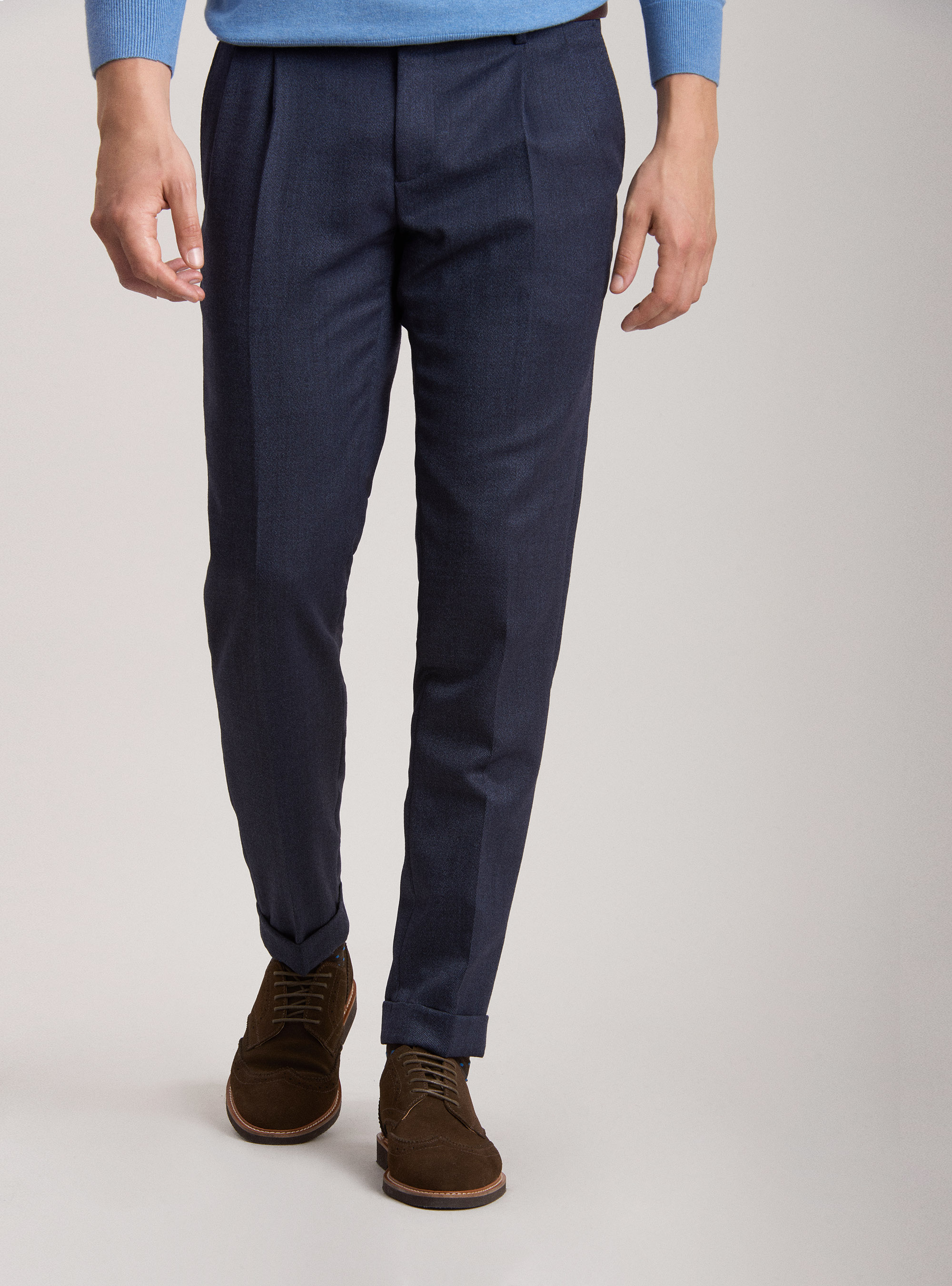 Pantaloni in twill di lana con doppia pinces, INCHIOSTRO