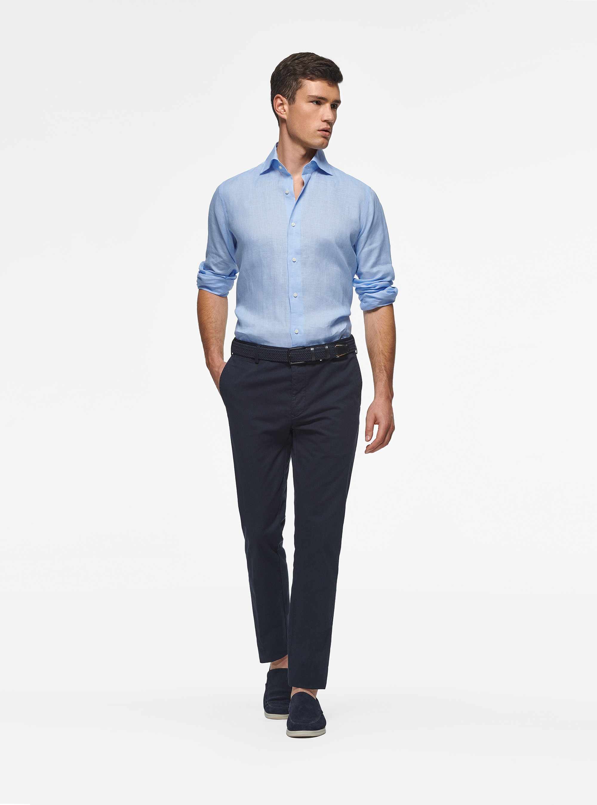 Chemise &agrave; col italien, pur lin, BLEU CIEL