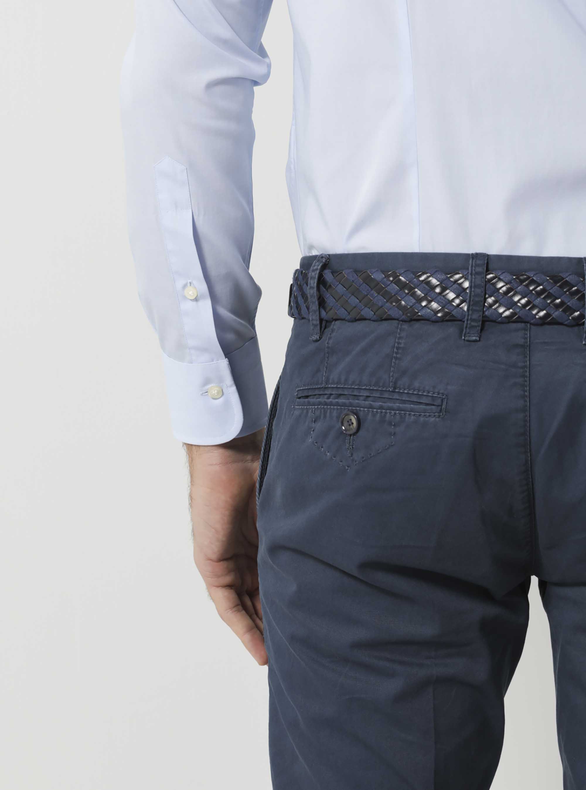 Camicia collo italiano in fil a fil di cotone, AZZURRO
