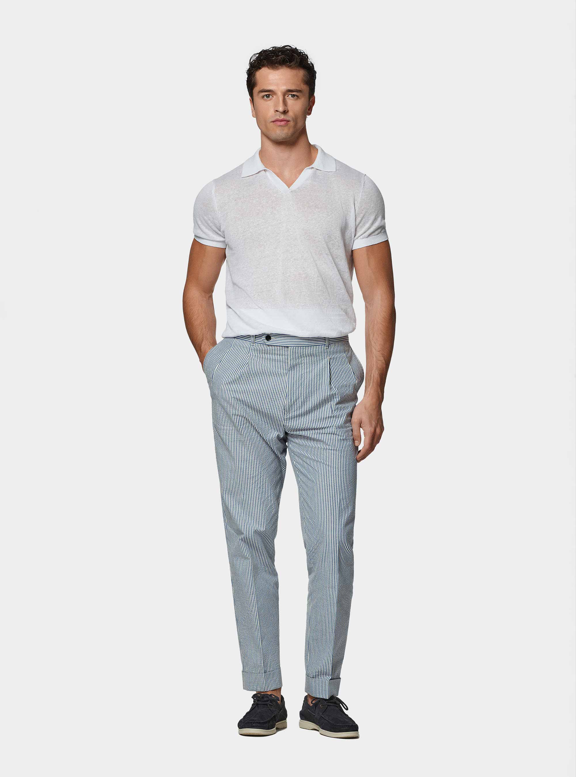 Double pleat cotton seersucker trousers, BLUE