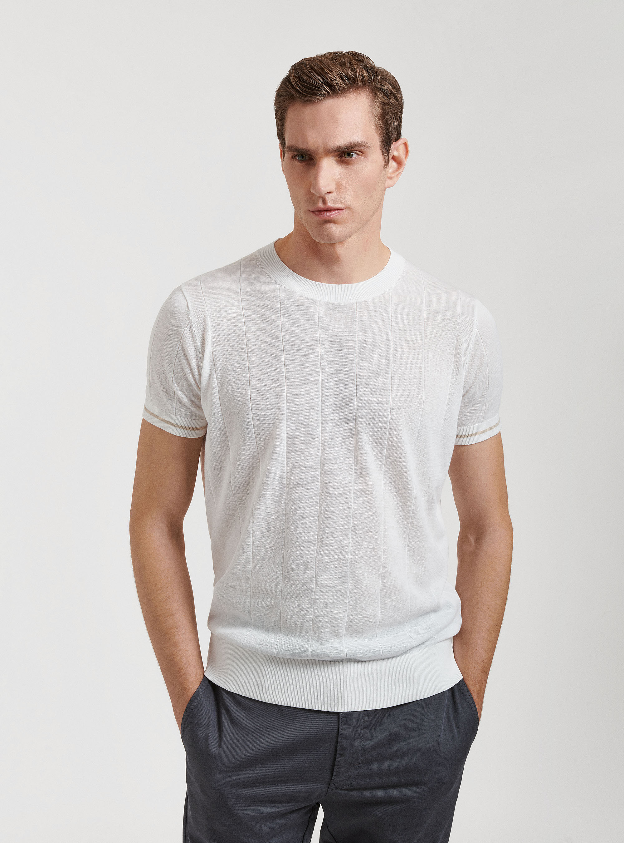 Maglia in puro cotone in costa piatta, BIANCO