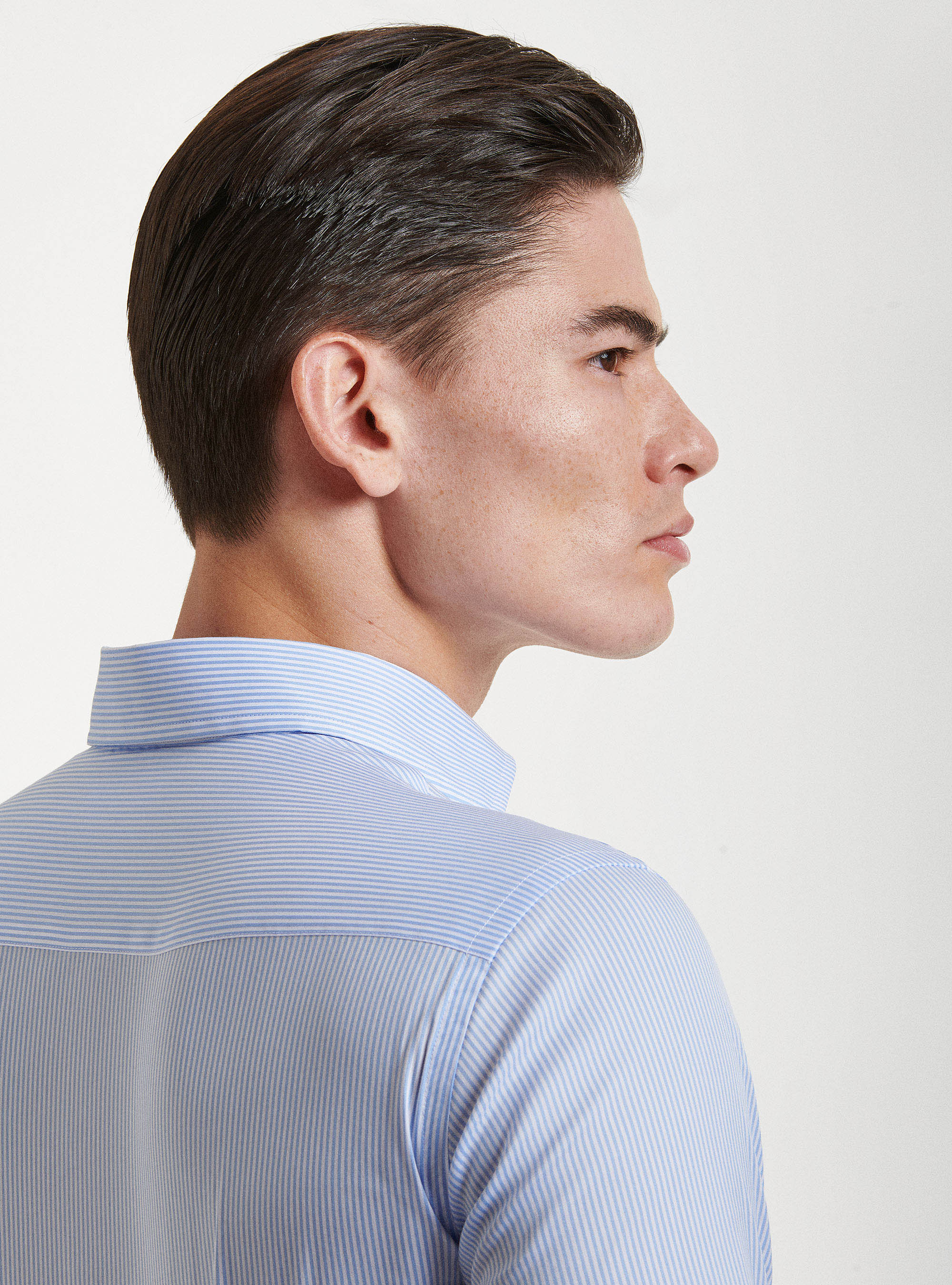 Camicia collo semifrancese  in popeline stretch rigato, AZZURRO