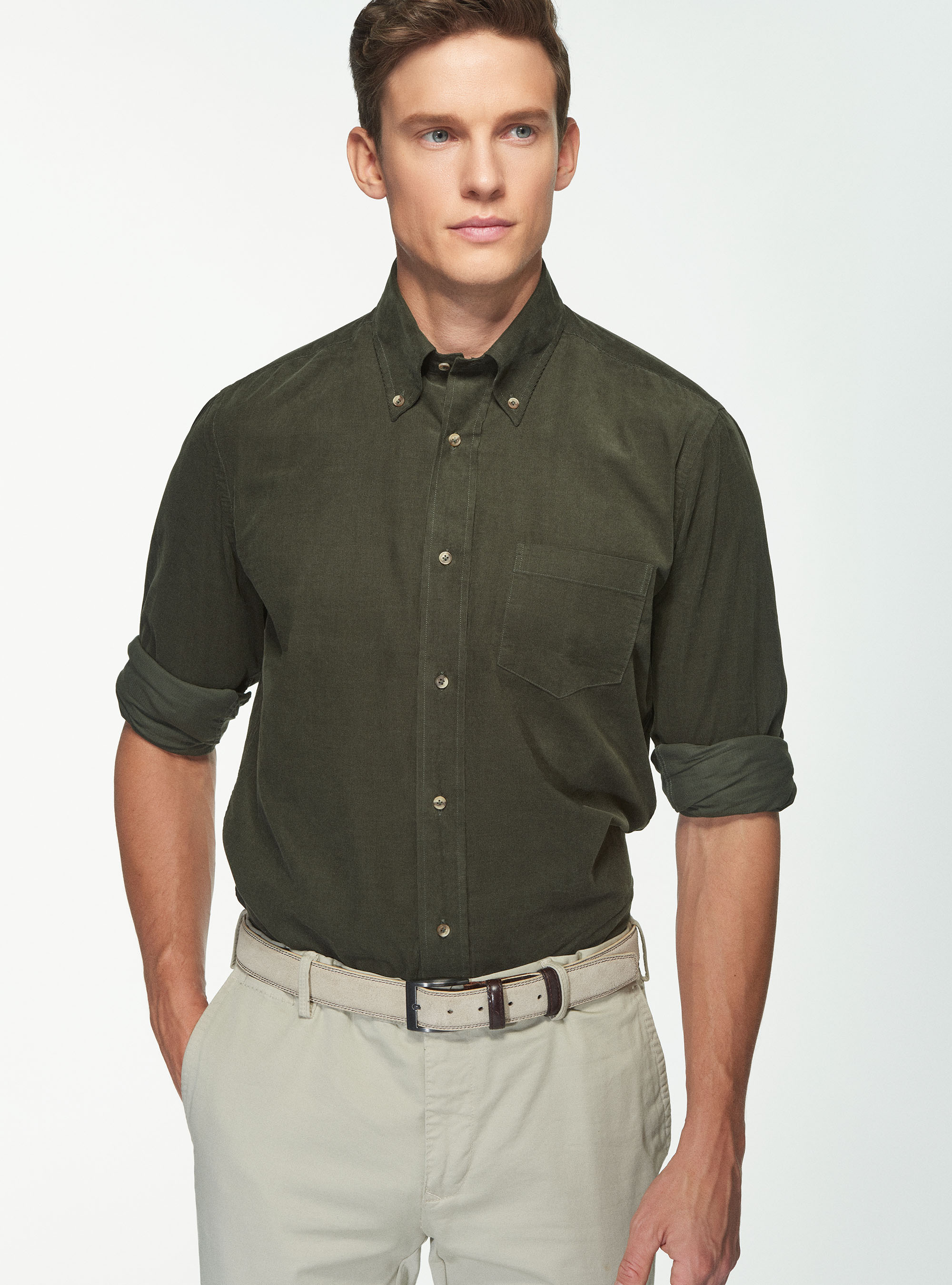 Camicia collo button down in velluto di cotone, MILITARE 0609C