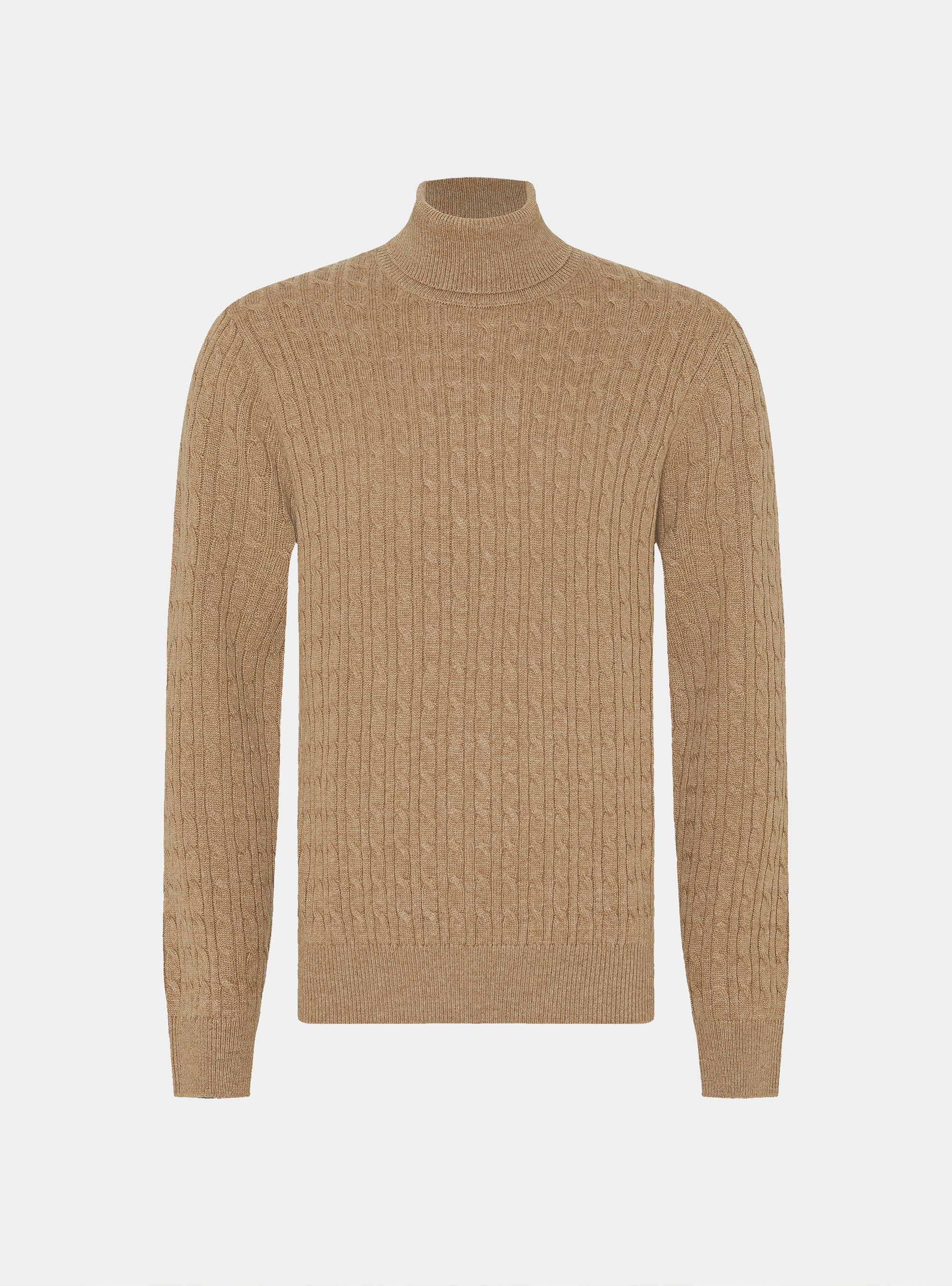 Punto de cuello alto en mezcla de lana con trenza, CAMMELLO 0570C