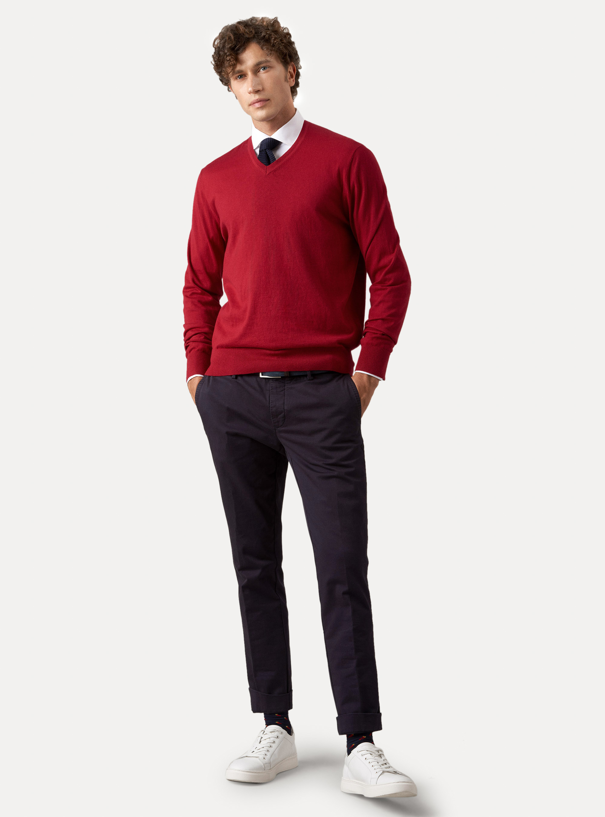 Maglia scollo a V in cotone seta e cashmere, ROSSO