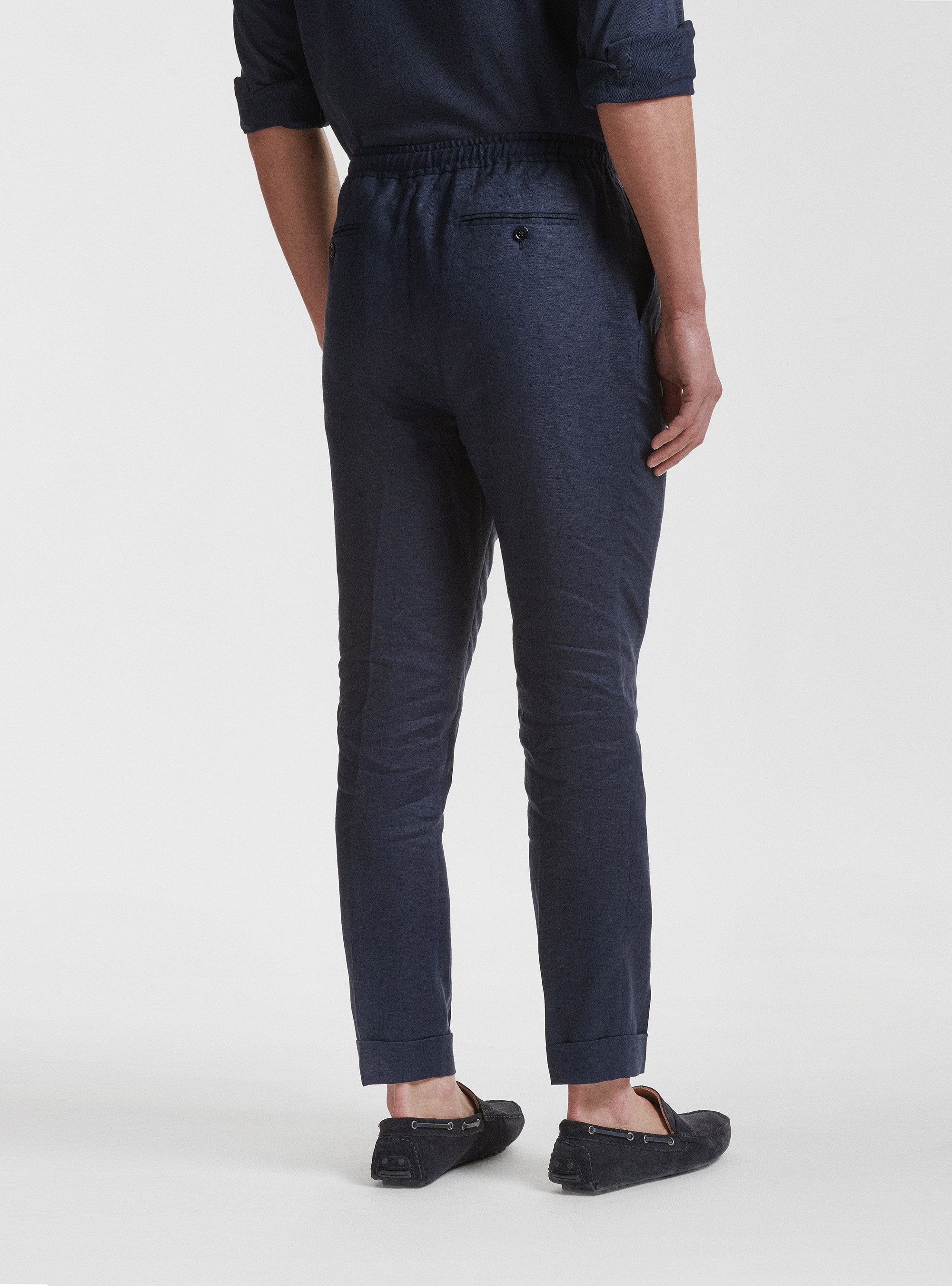 Pure linen pleat and drawstring trousers, NAVY BLUE
