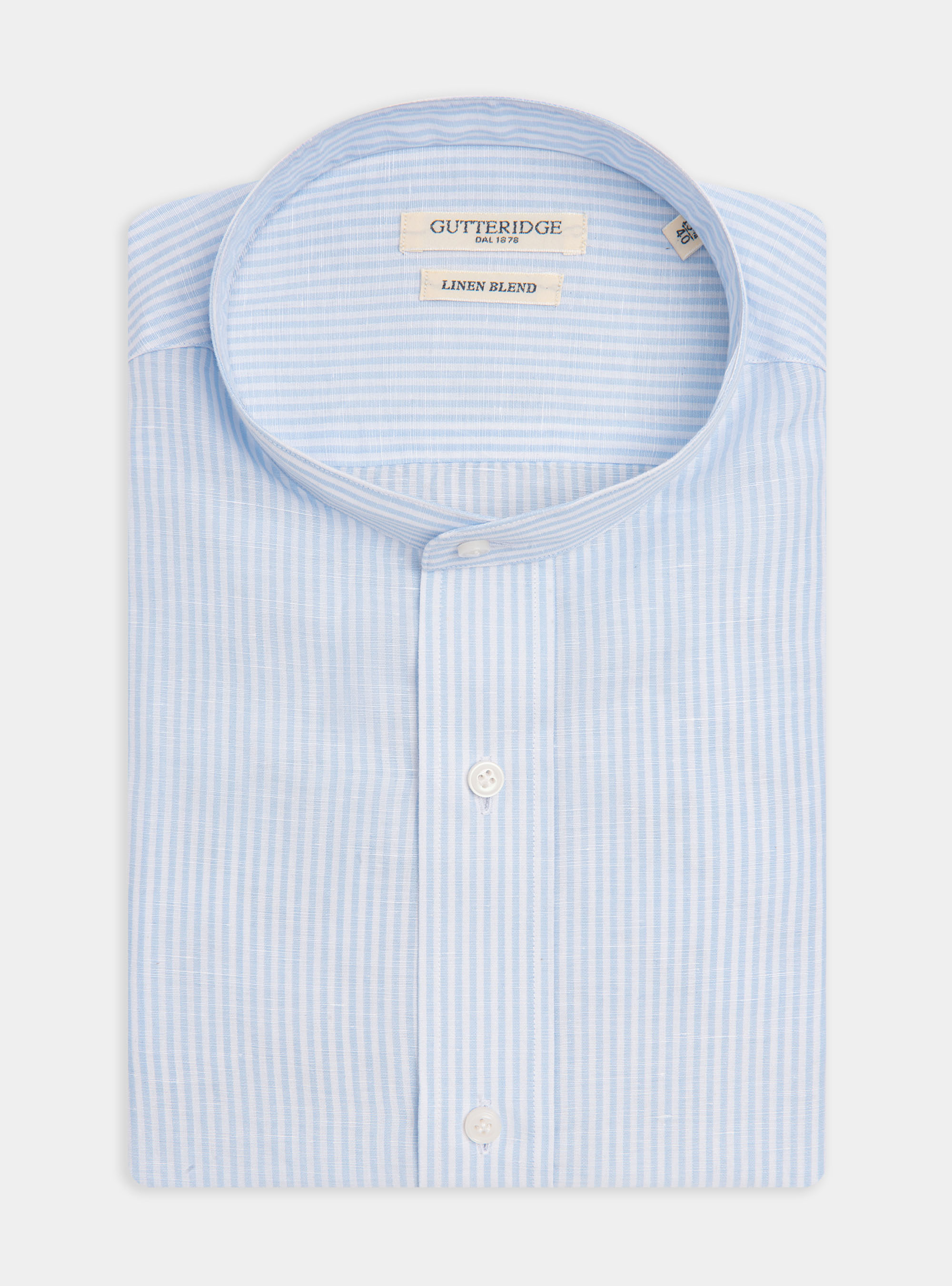 Camisa de cuello coreano en lino y algodón, CELESTE