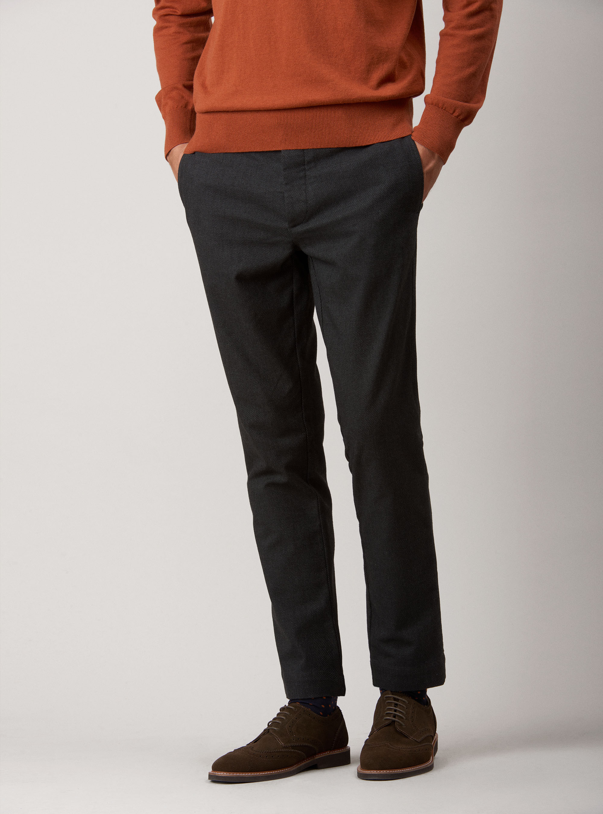 Pantaloni slack in misto cotone armaturato tinto filo, BLU NAVY