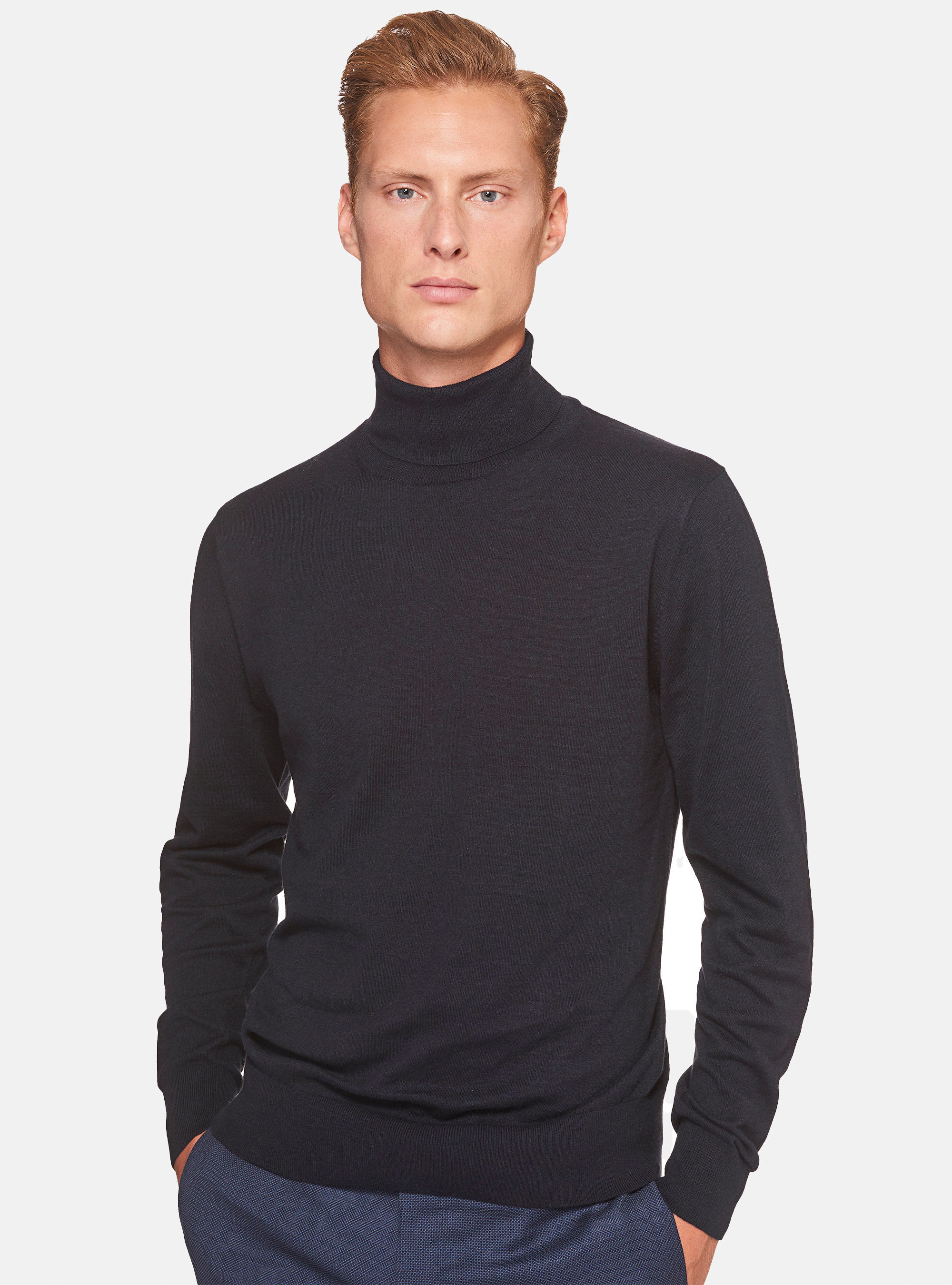Rollkragenpullover aus Baumwolle, Seide und Kaschmir, NAVY 0218C