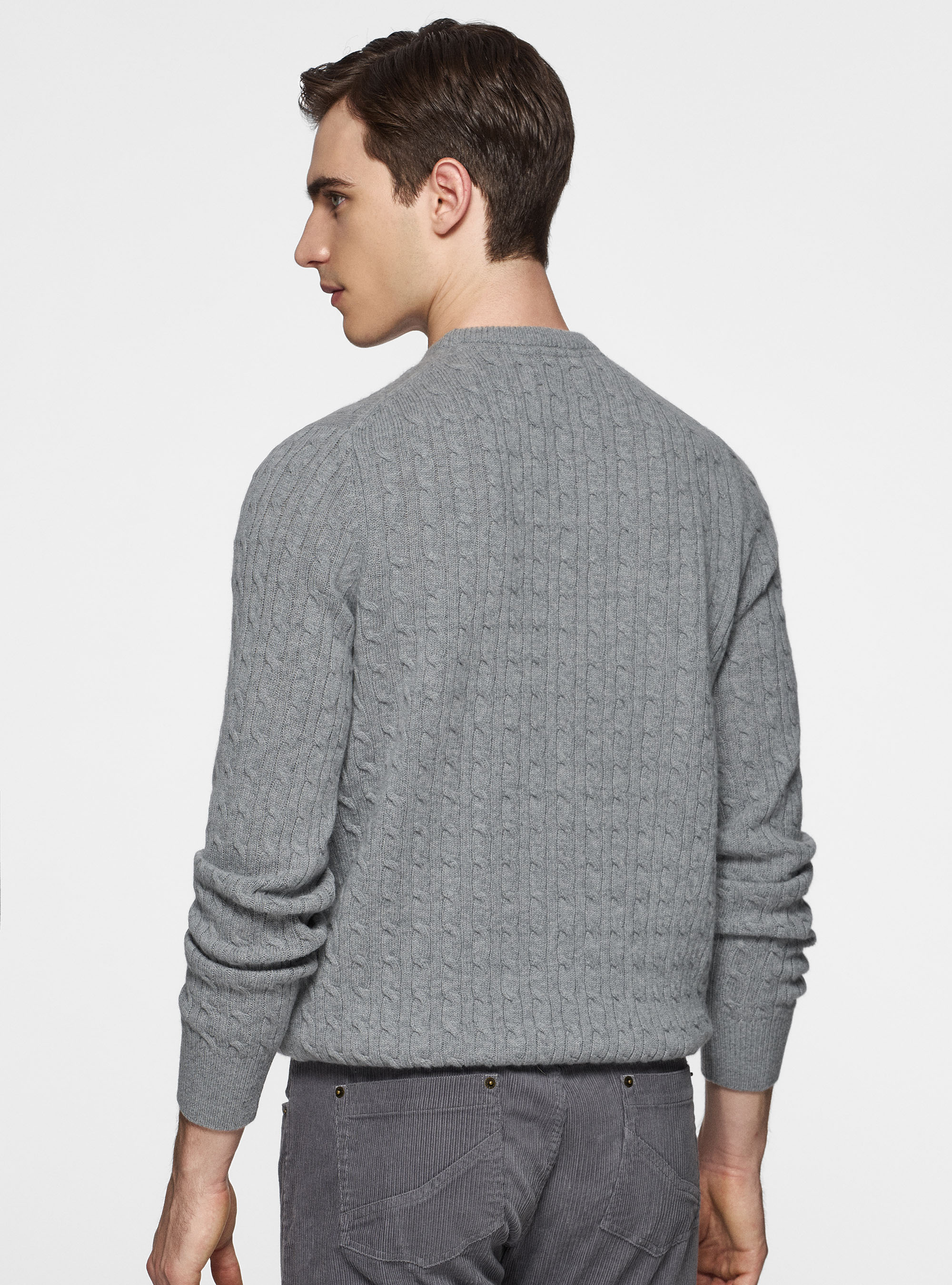 Maglia girocollo con treccia in lana e cashmere, GRIGIO MELANGE 0151C