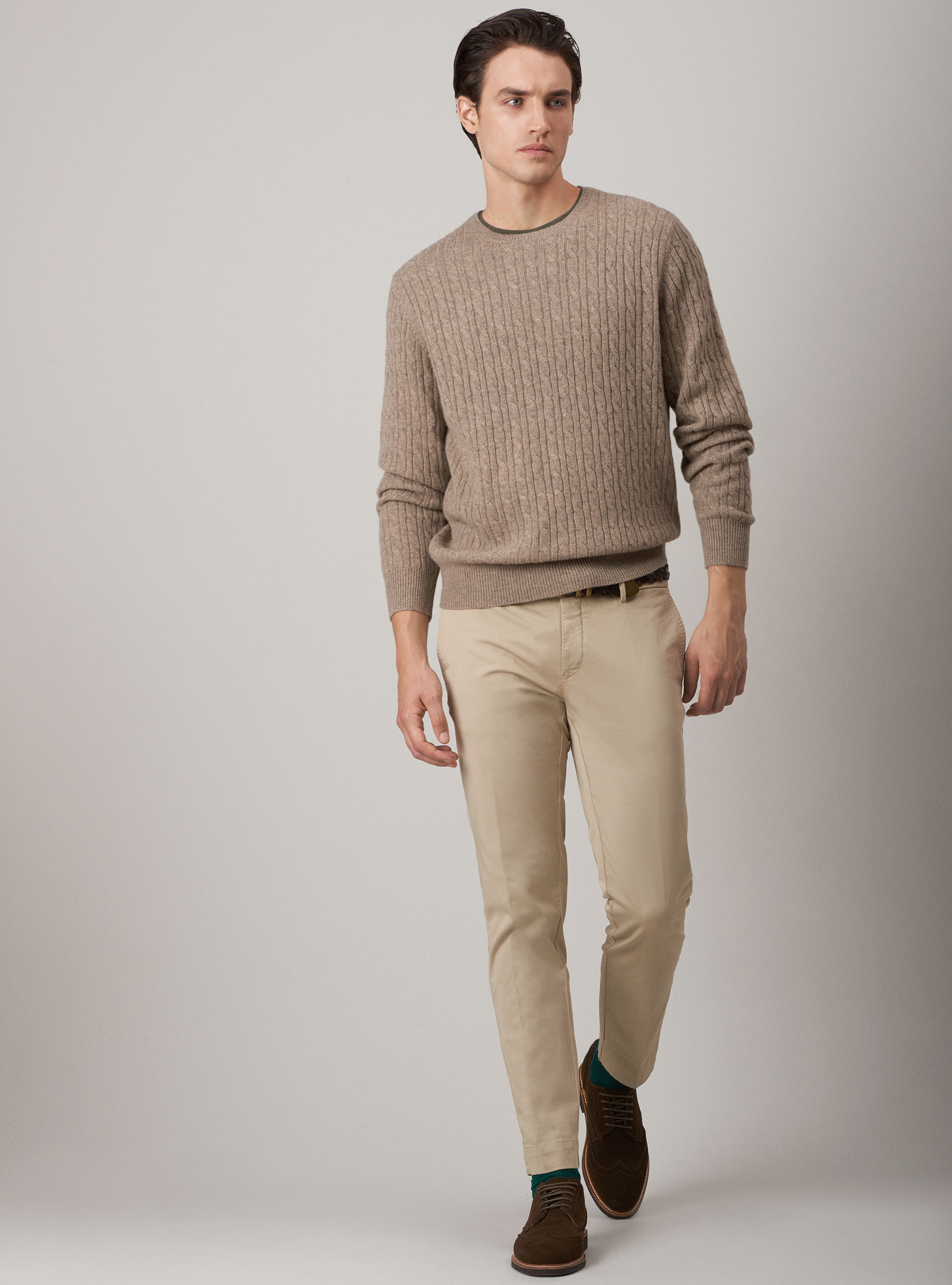 Maglia girocollo in lana lambswool e cashmere con trecce, ECRU