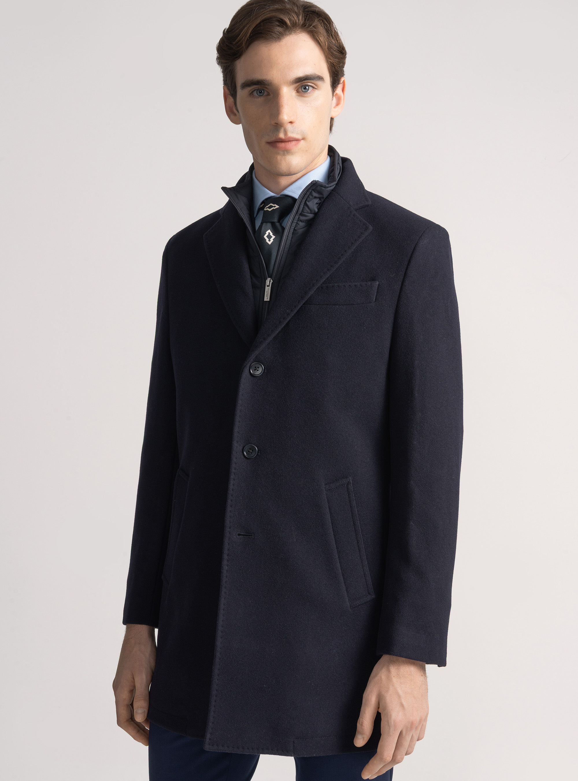 Manteau à bavette en laine mélangée, BLEU MARINE