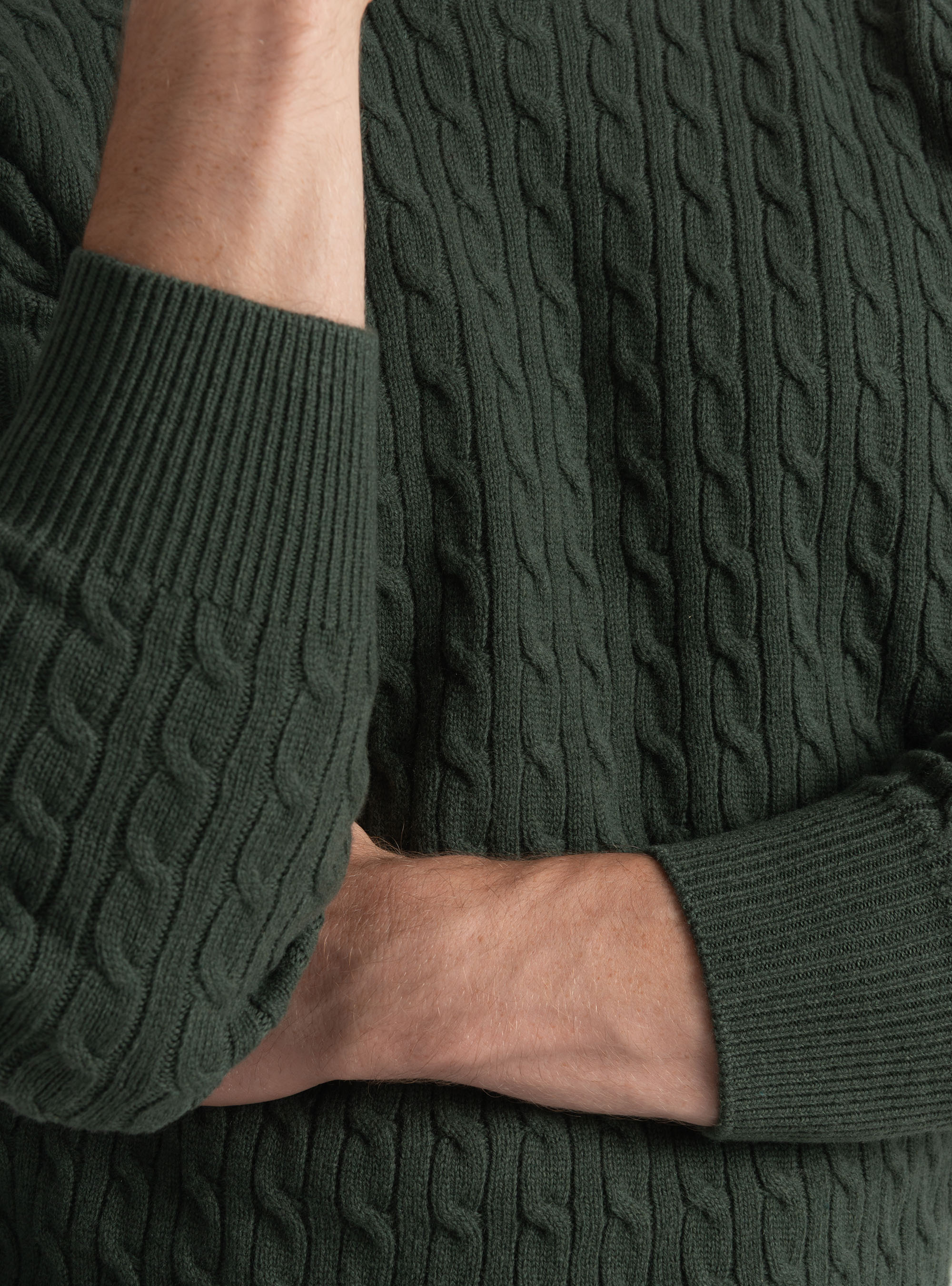 Maglia girocollo con treccia in lana e cashmere, MILITARE 0609C