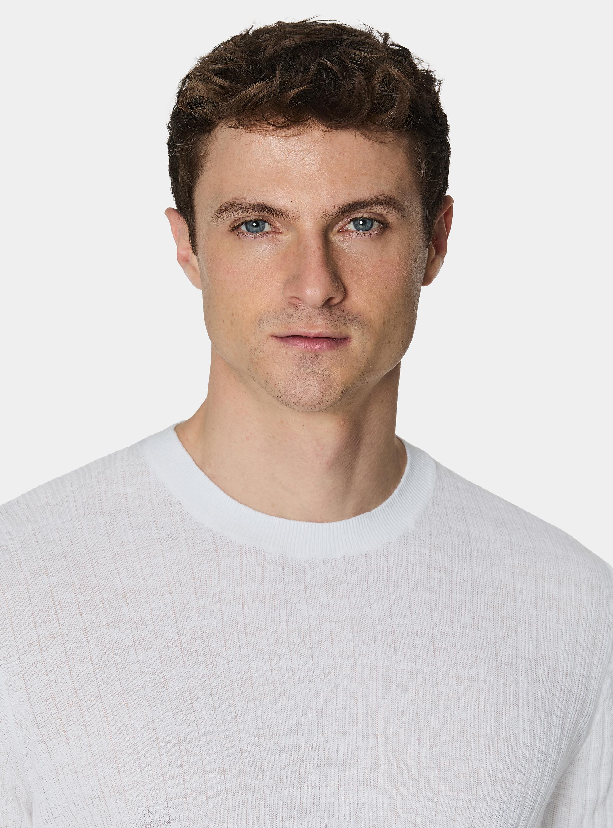 Maglia girocollo a costine in puro lino, BIANCO