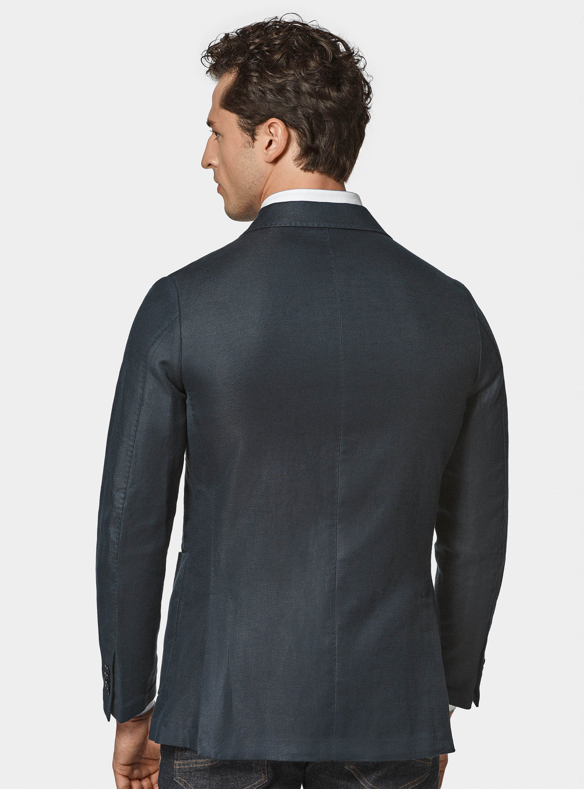 Giacca hopsack in cotone e lino, BLU NAVY