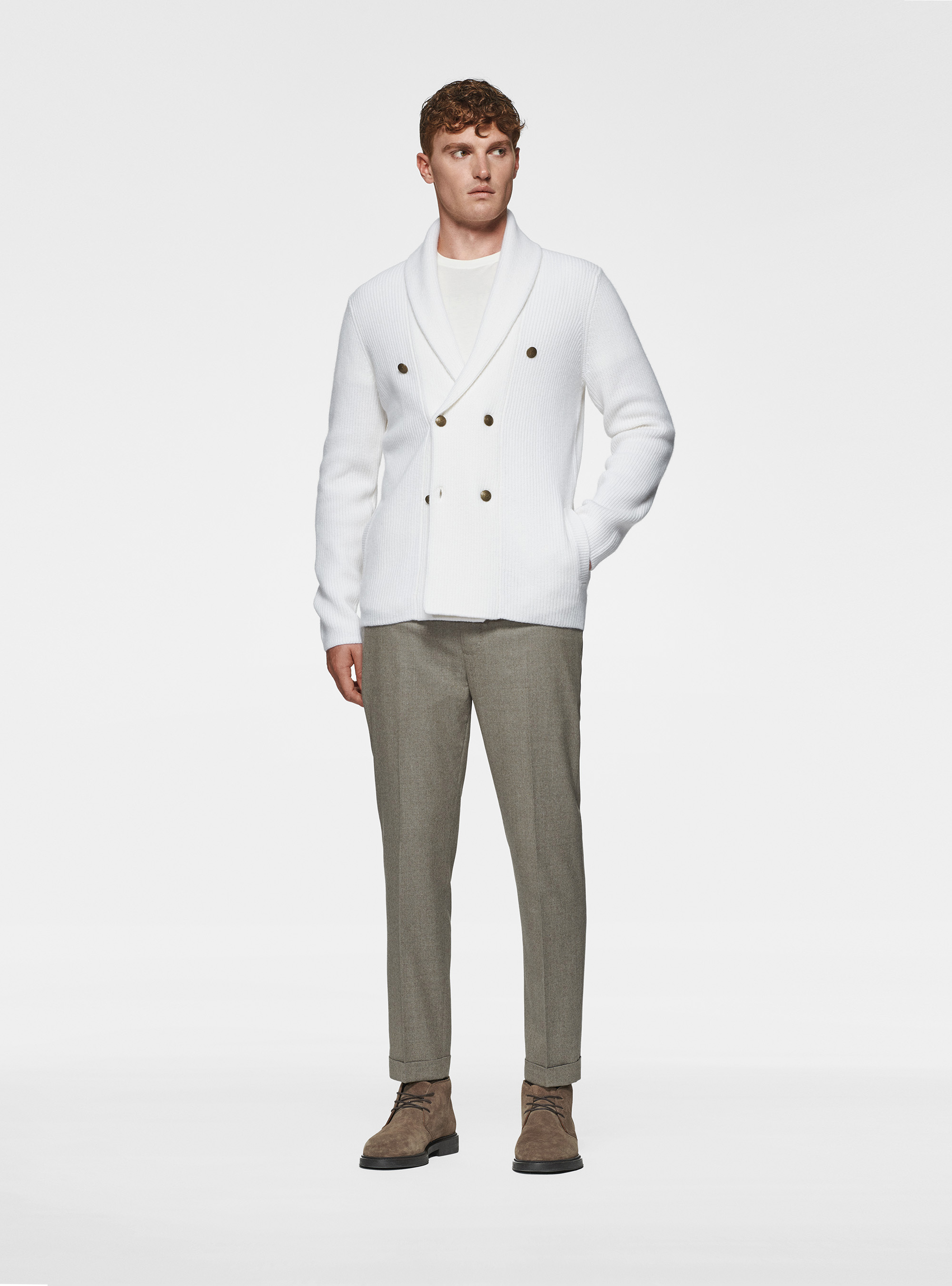 Veste en tricot côtelé de laine mérinos, BLANC