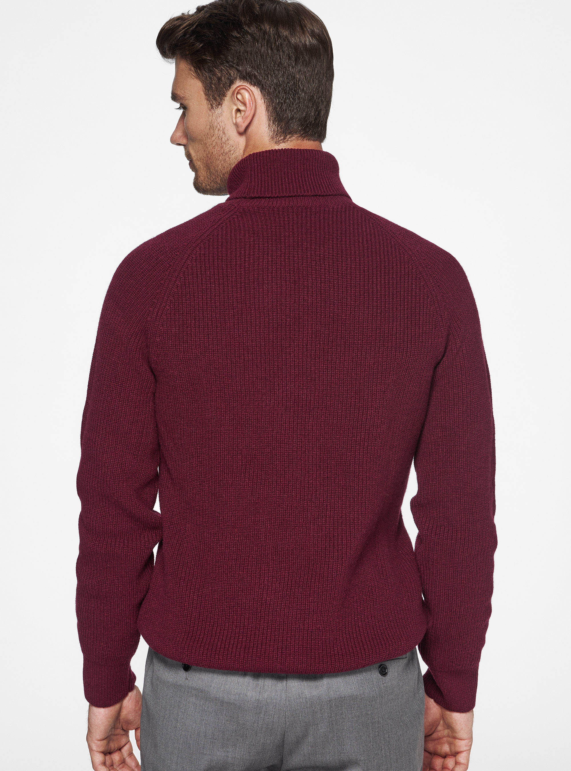 Maglia collo alto a costa perlata in lana merino, BORDEAUX