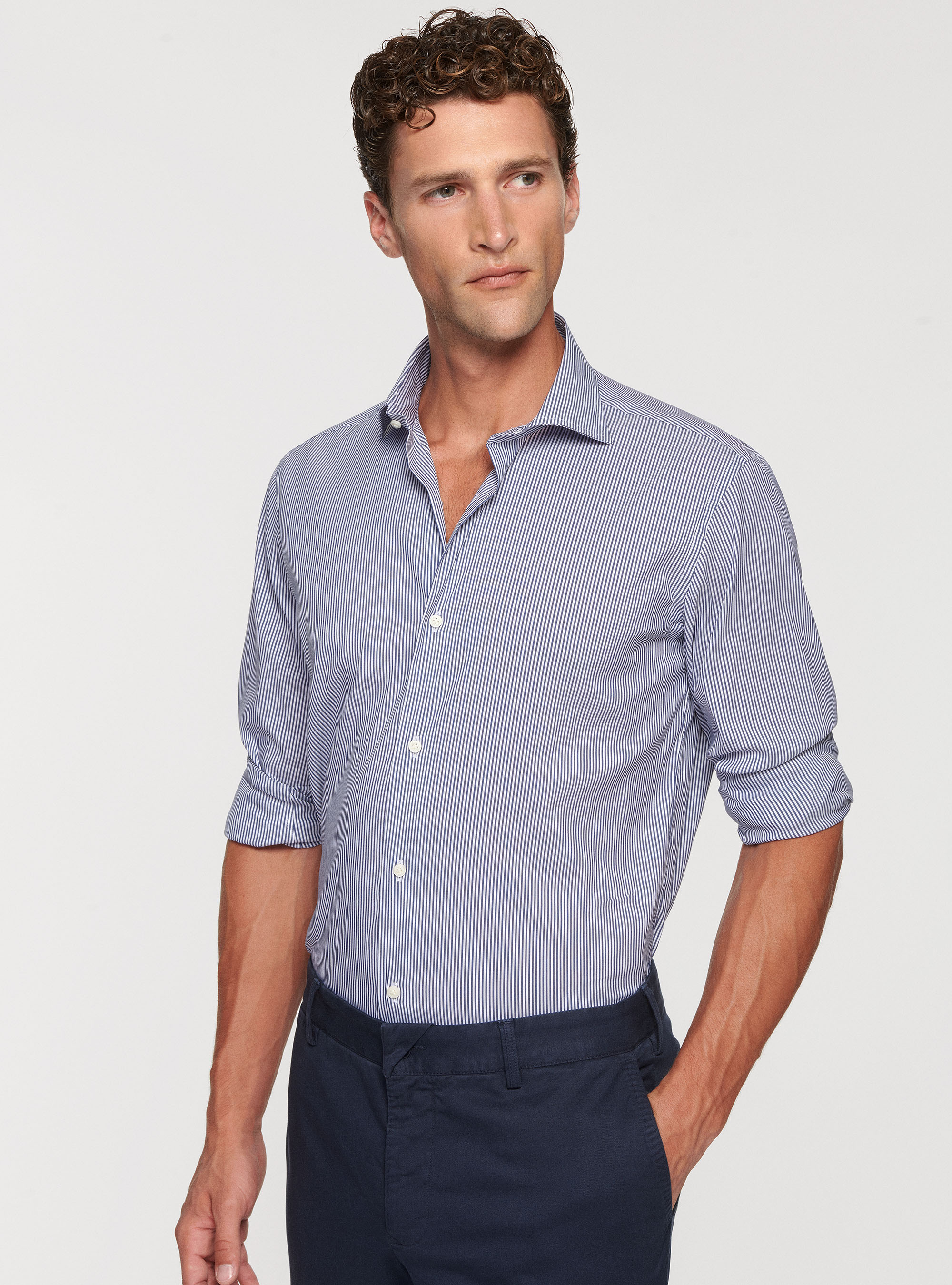 Camicia in popeline stretch rigato, BLU NAVY
