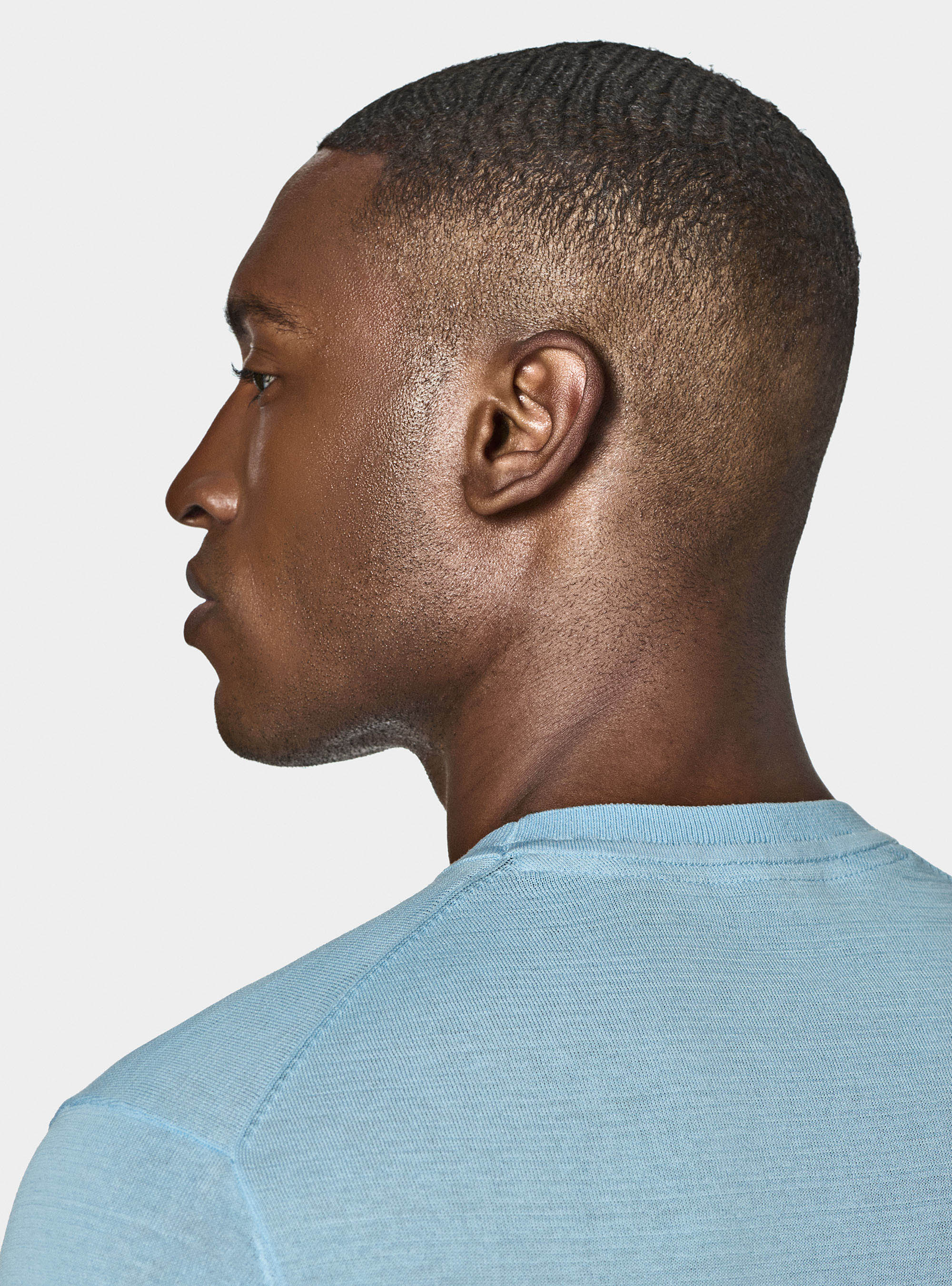 Punto de algodón y seda con cuello redondo, CELESTE