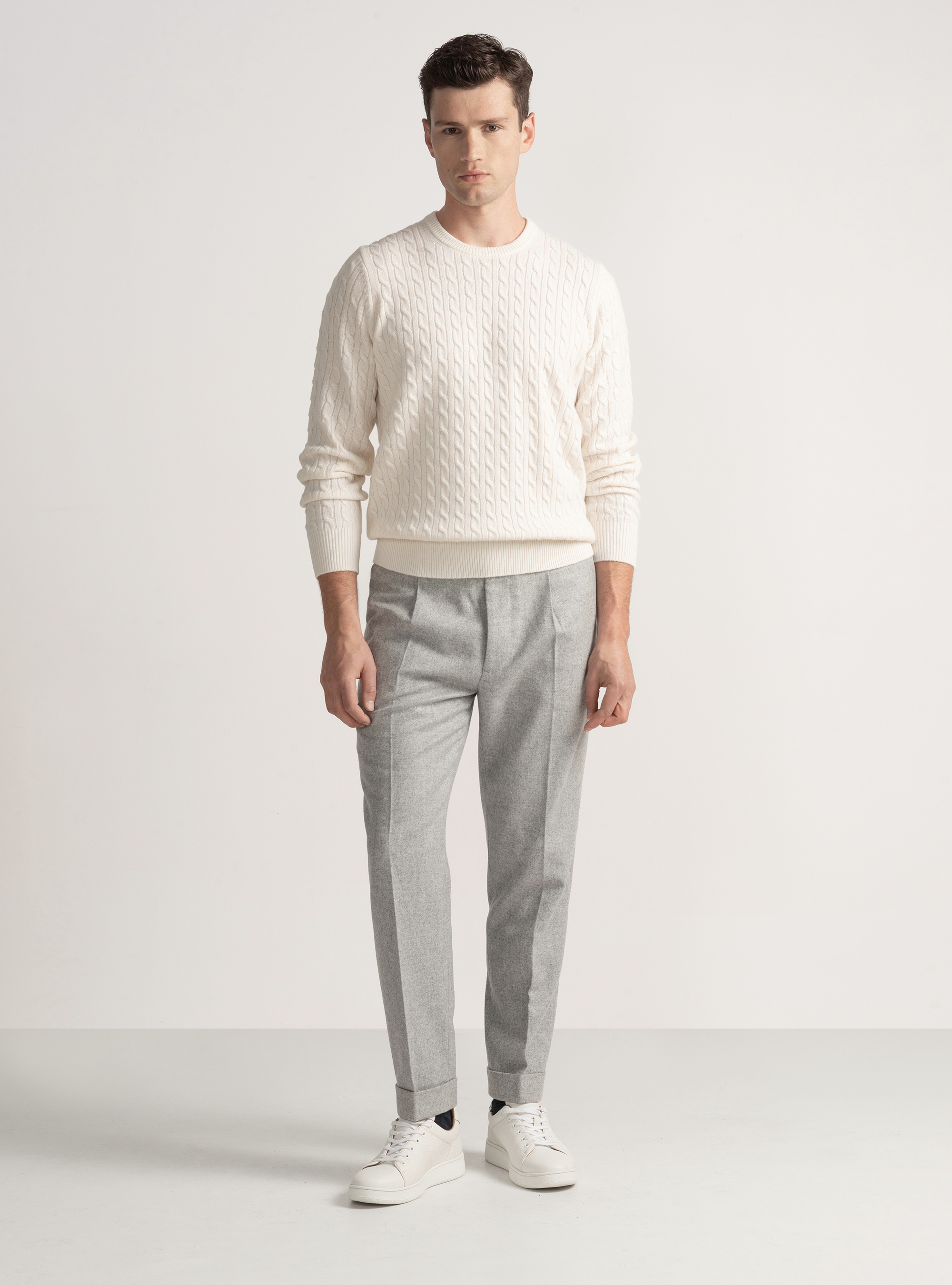 Punto de cuello redondo con trenzado de lana y cachemira, BLANCO