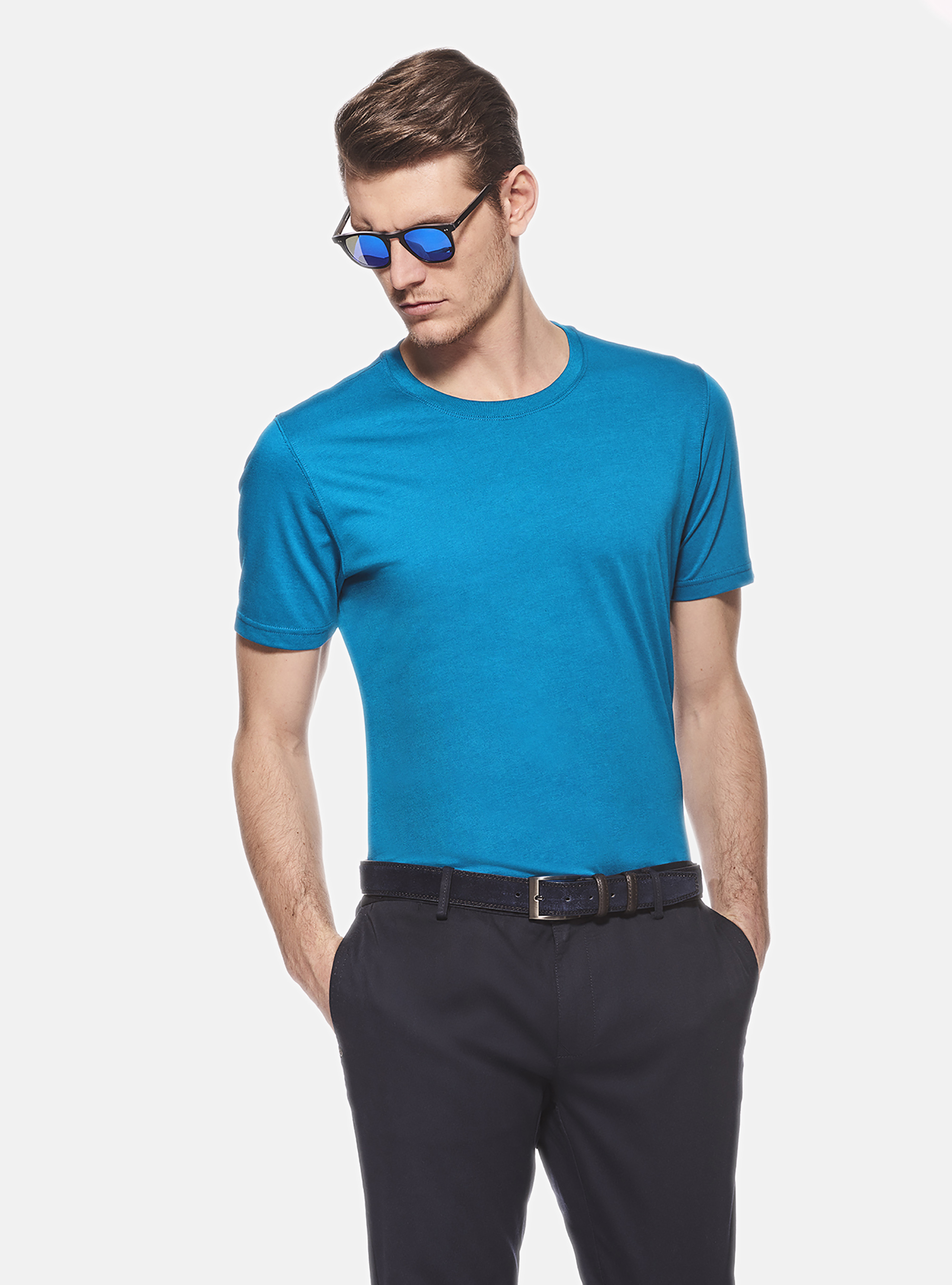 CAMISETA DE PUNTO MEDIA MANGA, LISA, TURCHESE 0258C